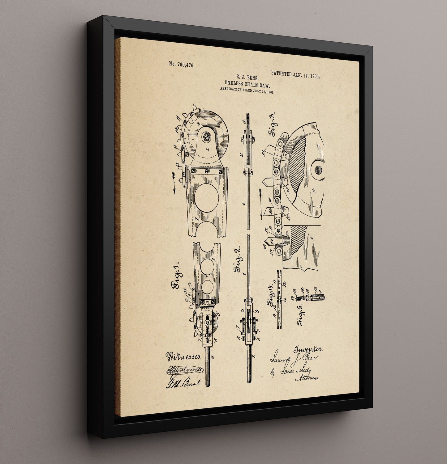 Patent Print - Endless Chain Saw - Samuel J. Bens - 1905 - Patent 780476 Patent Wall Art
