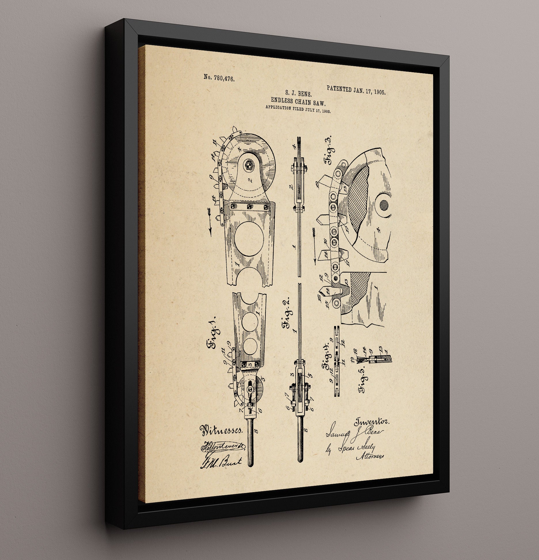 Patent Print - Endless Chain Saw - Samuel J. Bens - 1905 - Patent 780476 Patent Wall Art