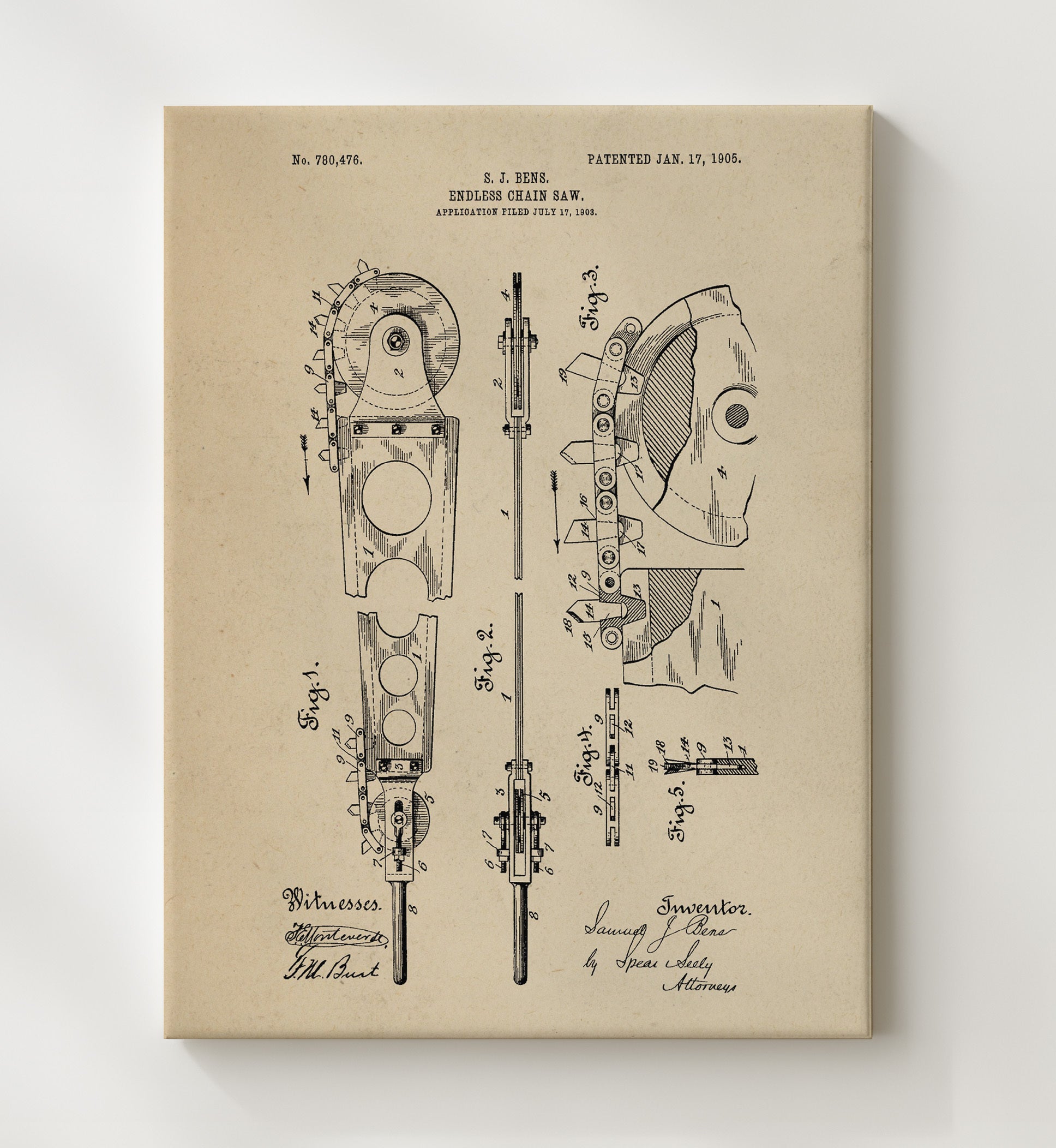 Patent Print - Endless Chain Saw - Samuel J. Bens - 1905 - Patent 780476 Patent Wall Art