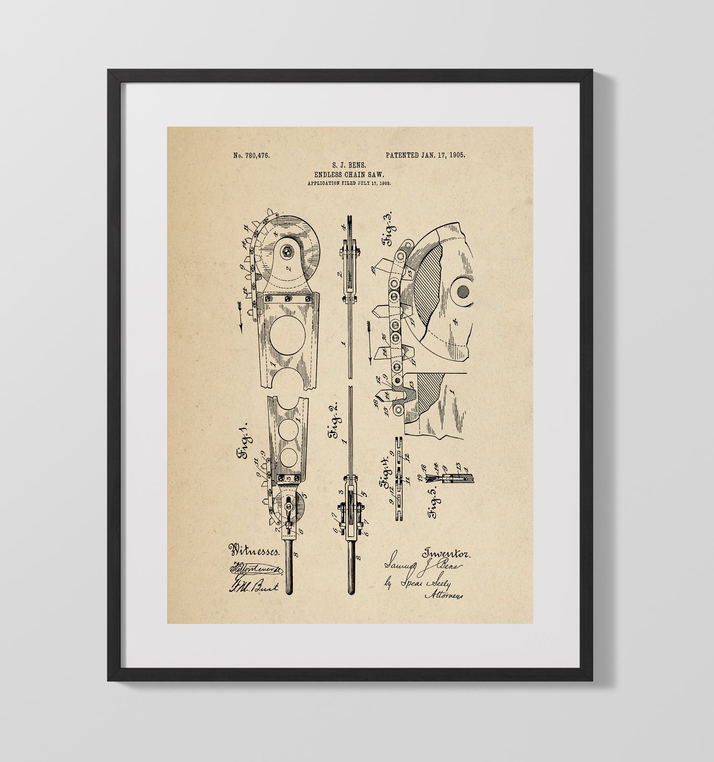 Patent Print - Endless Chain Saw - Samuel J. Bens - 1905 - Patent 780476 Patent Wall Art