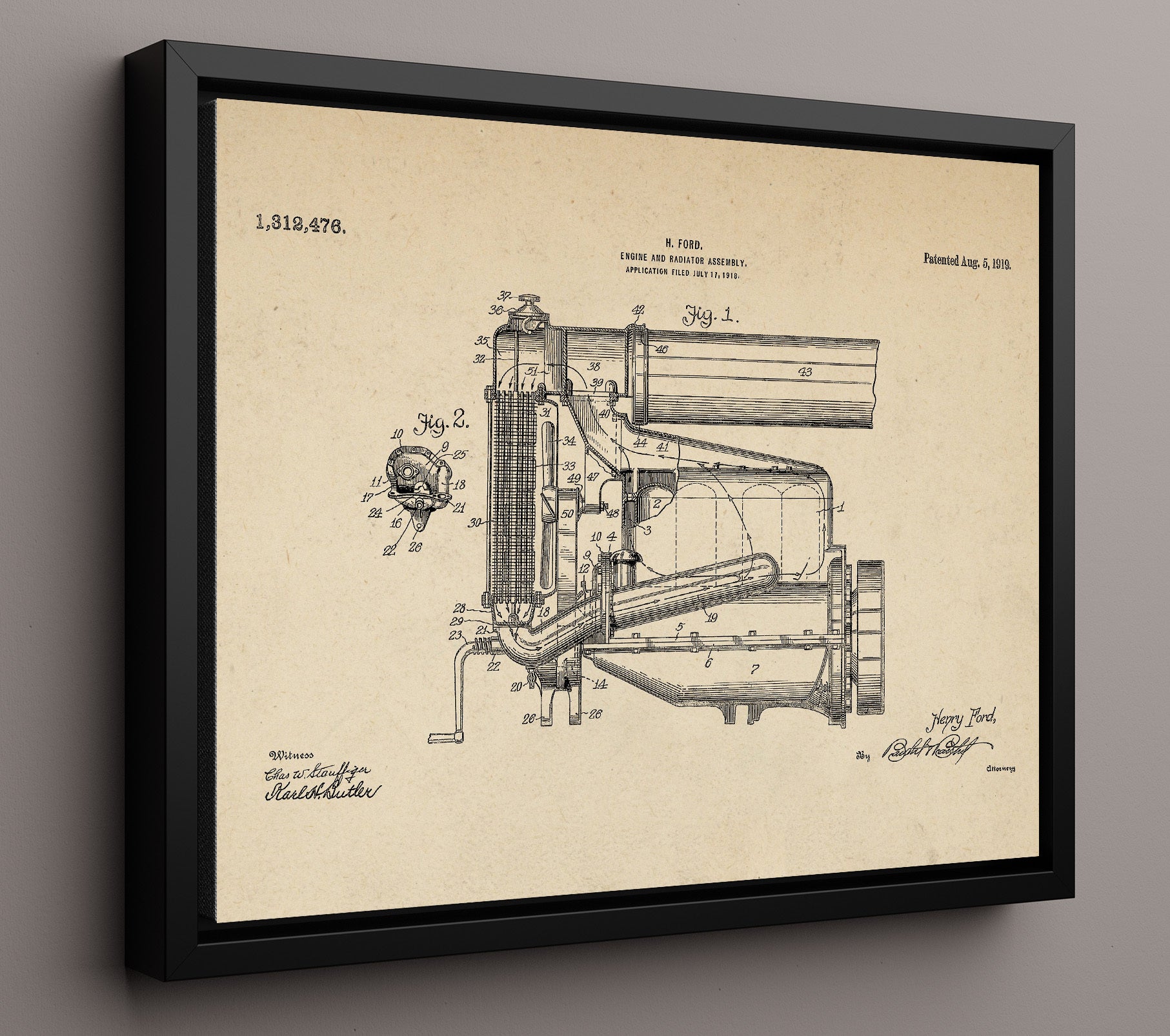 Patent Print - Engine And Radiator Assembly - Henry Ford - 1919 - Patent 1312476 - Landscape Patent Wall Art