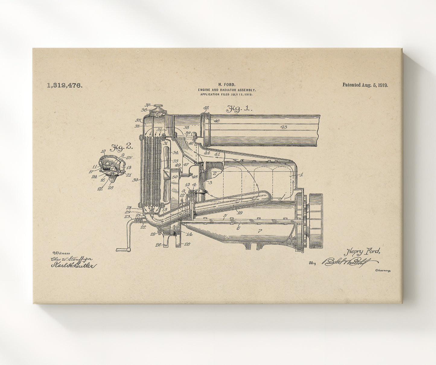 Patent Print - Engine And Radiator Assembly - Henry Ford - 1919 - Patent 1312476 - Landscape Patent Wall Art