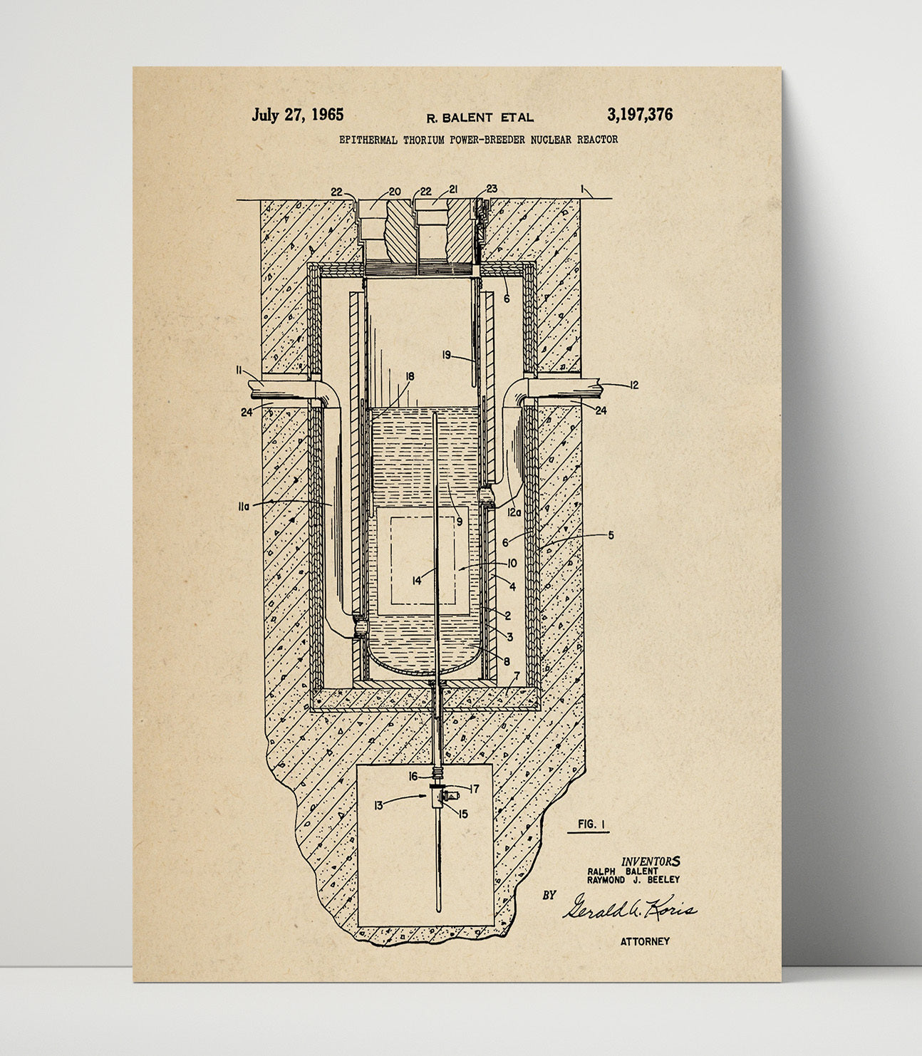 Patent Print - Epithermal Thorium Power-Breeder Nuclear Reactor - Ralph Balent And Raymond J Beeley - 1965 - Patent 3197376 Patent Wall Art