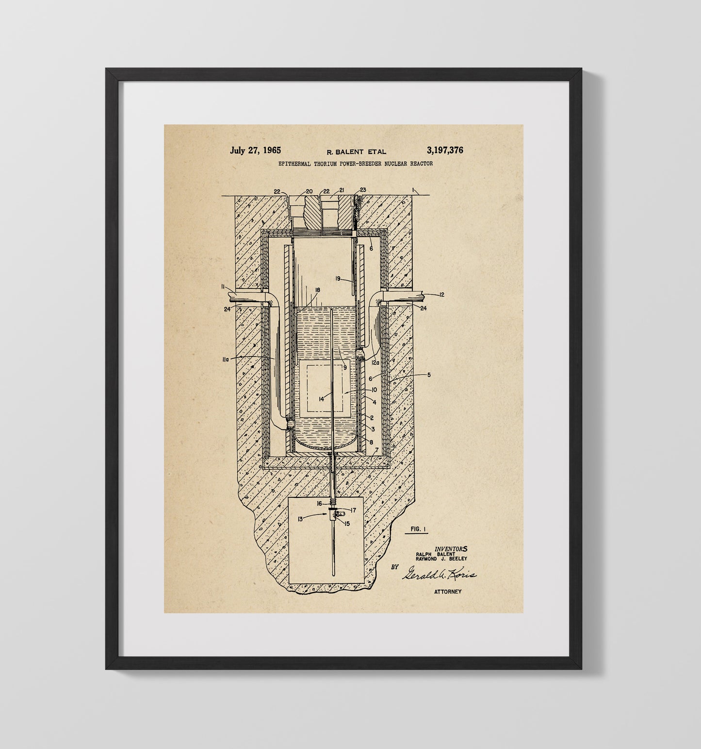 Patent Print - Epithermal Thorium Power-Breeder Nuclear Reactor - Ralph Balent And Raymond J Beeley - 1965 - Patent 3197376 Patent Wall Art