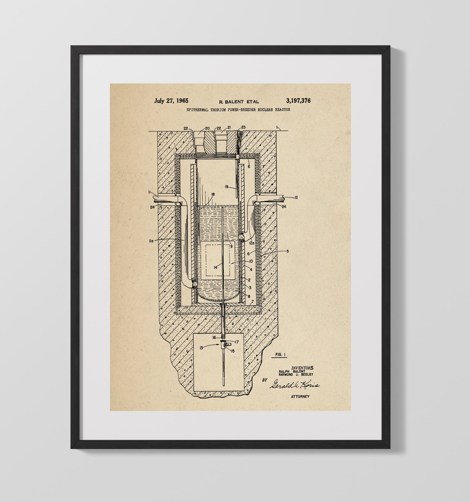 Patent Print - Epithermal Thorium Power-Breeder Nuclear Reactor - Ralph Balent And Raymond J Beeley - 1965 - Patent 3197376 Patent Wall Art