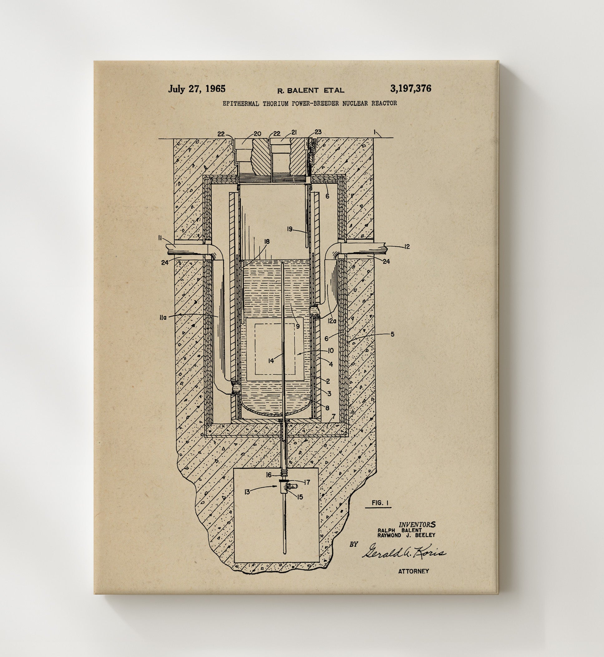 Patent Print - Epithermal Thorium Power-Breeder Nuclear Reactor - Ralph Balent And Raymond J Beeley - 1965 - Patent 3197376 Patent Wall Art
