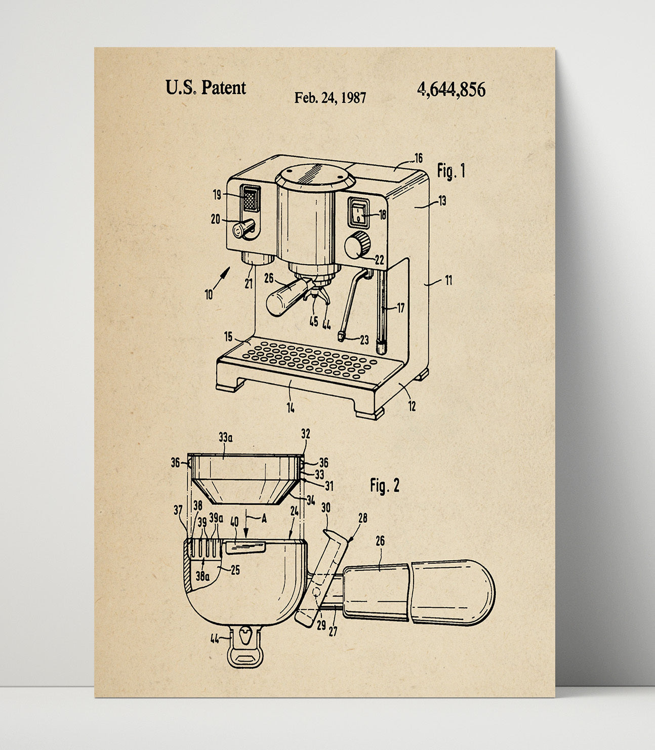 Patent Print - Espresso Machine - Unknown Inventor - 1987 - Patent 4644856 Patent Wall Art