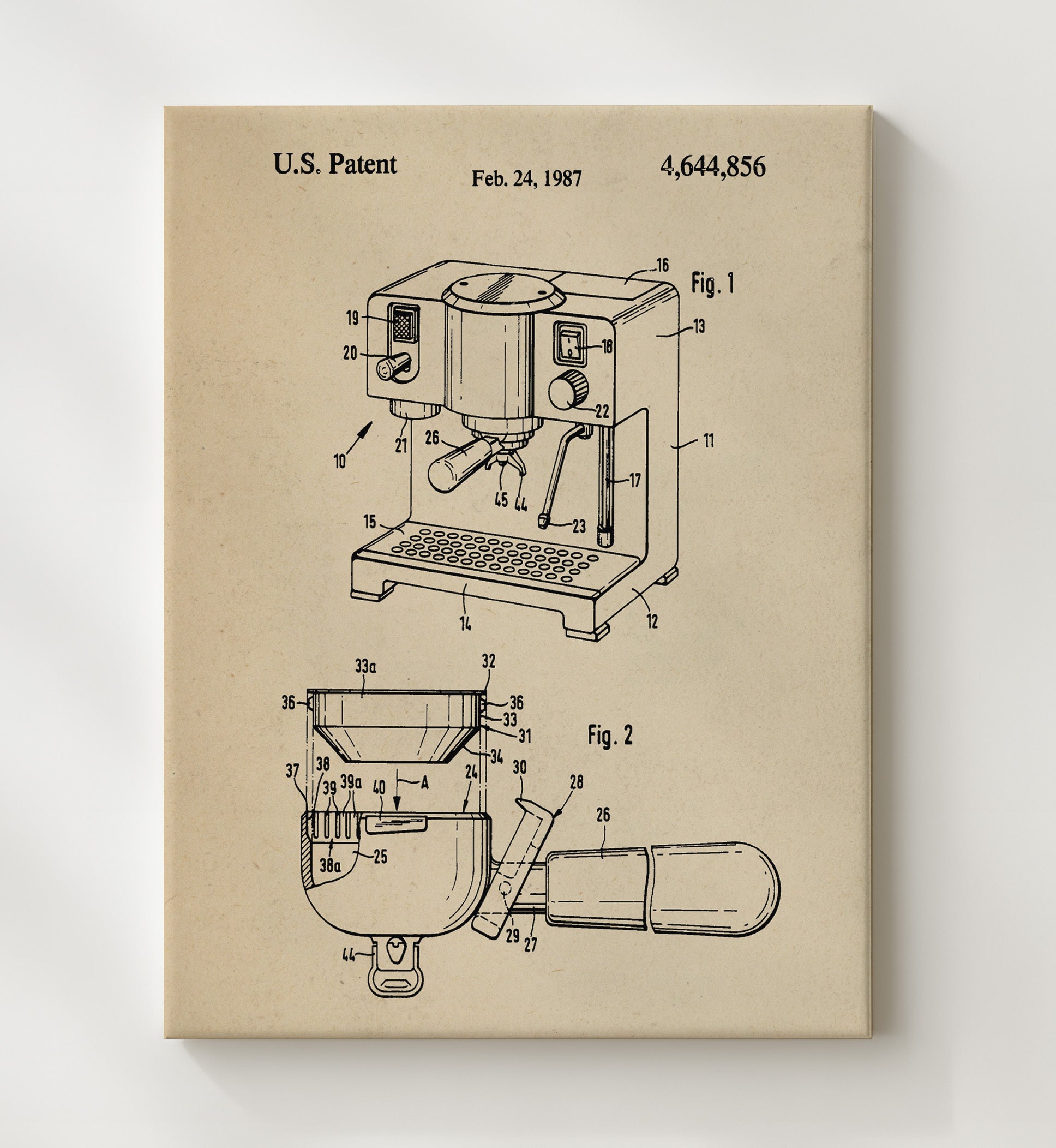 Patent Print - Espresso Machine - Unknown Inventor - 1987 - Patent 4644856 Patent Wall Art