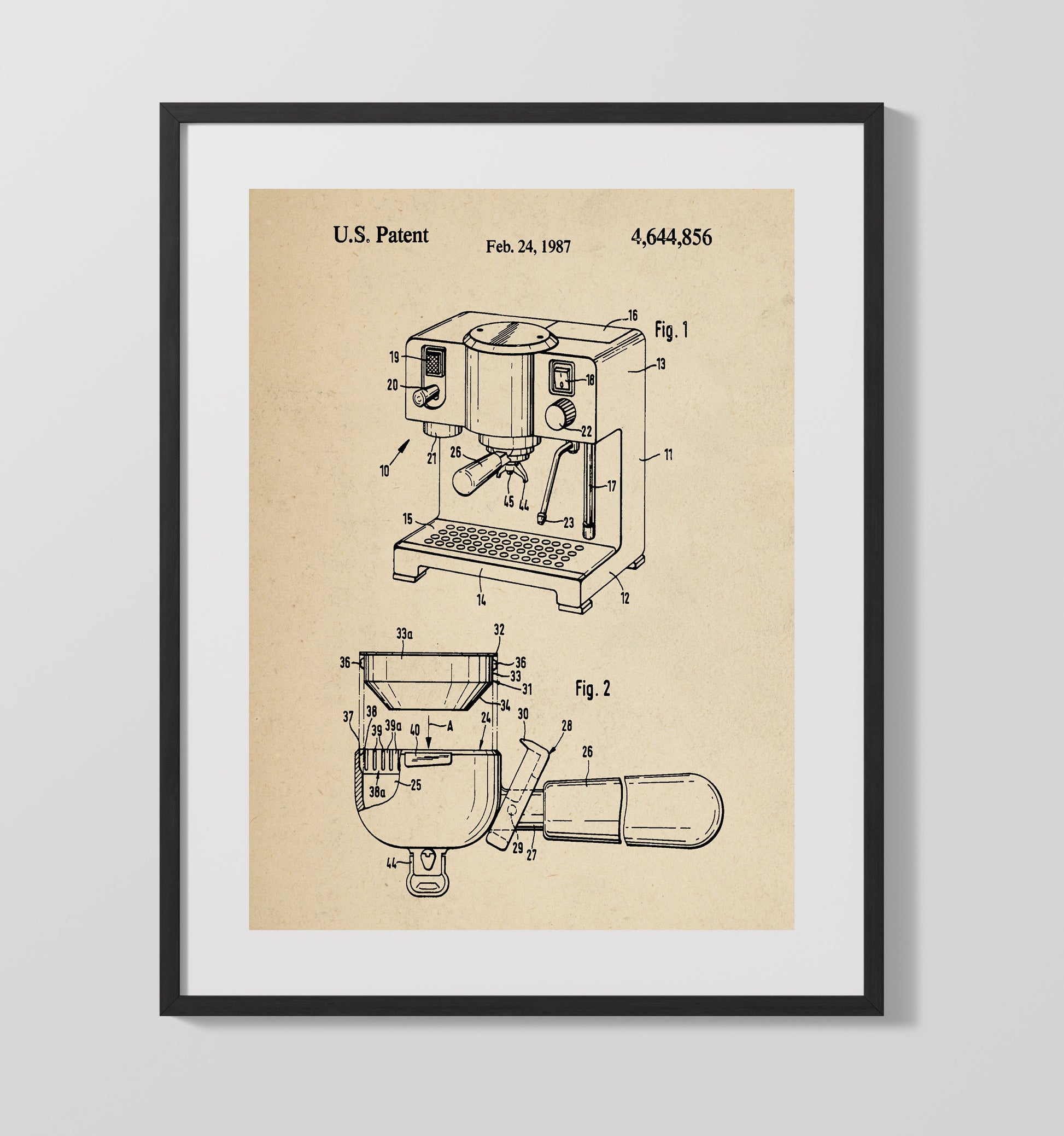 Patent Print - Espresso Machine - Unknown Inventor - 1987 - Patent 4644856 Patent Wall Art