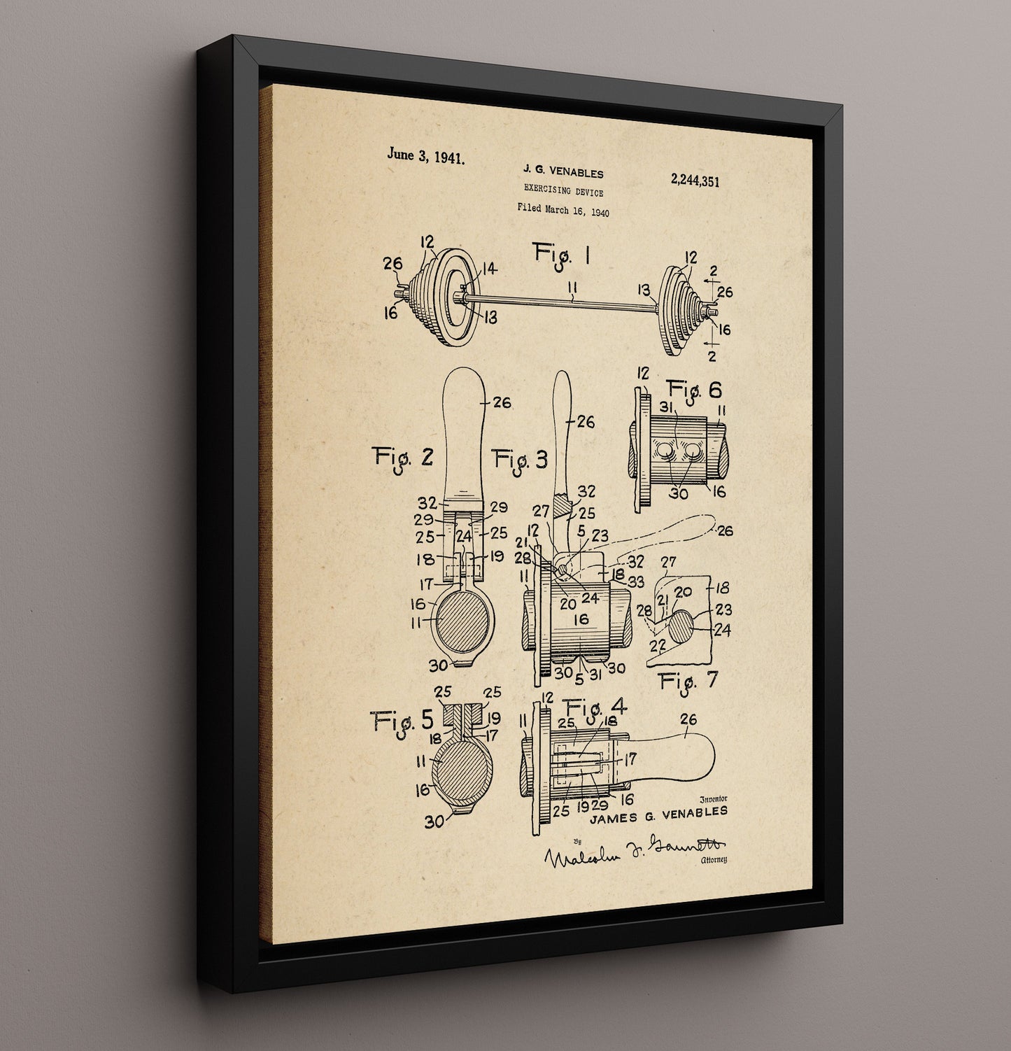 Patent Print - Exercising Device - J G Venables - 1941 - Patent 2244351 Patent Wall Art