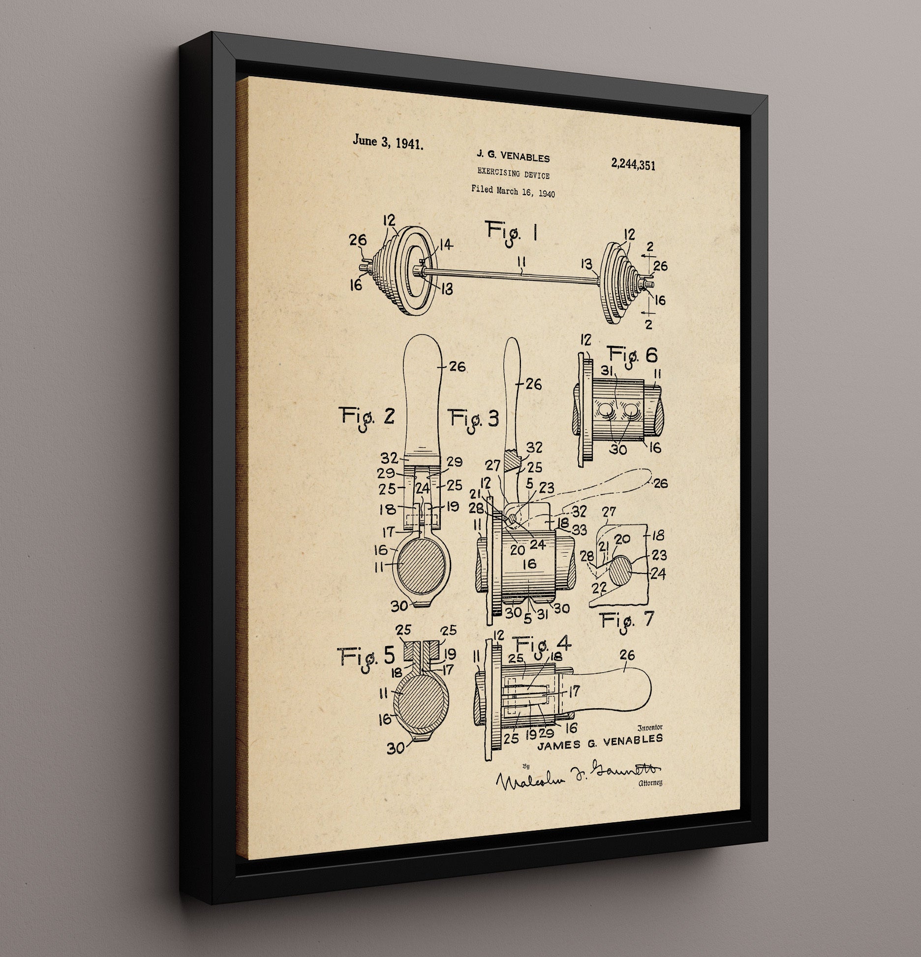 Patent Print - Exercising Device - J G Venables - 1941 - Patent 2244351 Patent Wall Art