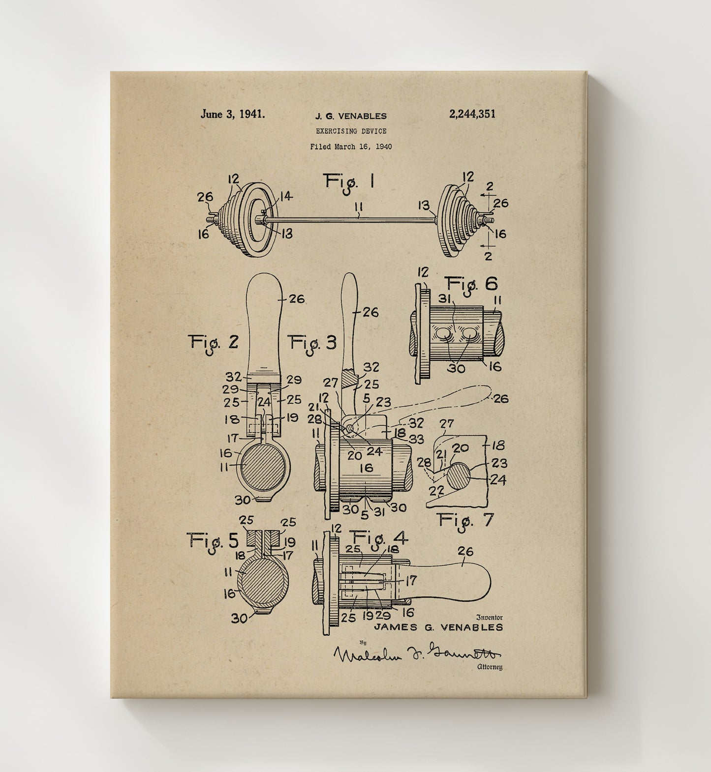 Patent Print - Exercising Device - J G Venables - 1941 - Patent 2244351 Patent Wall Art
