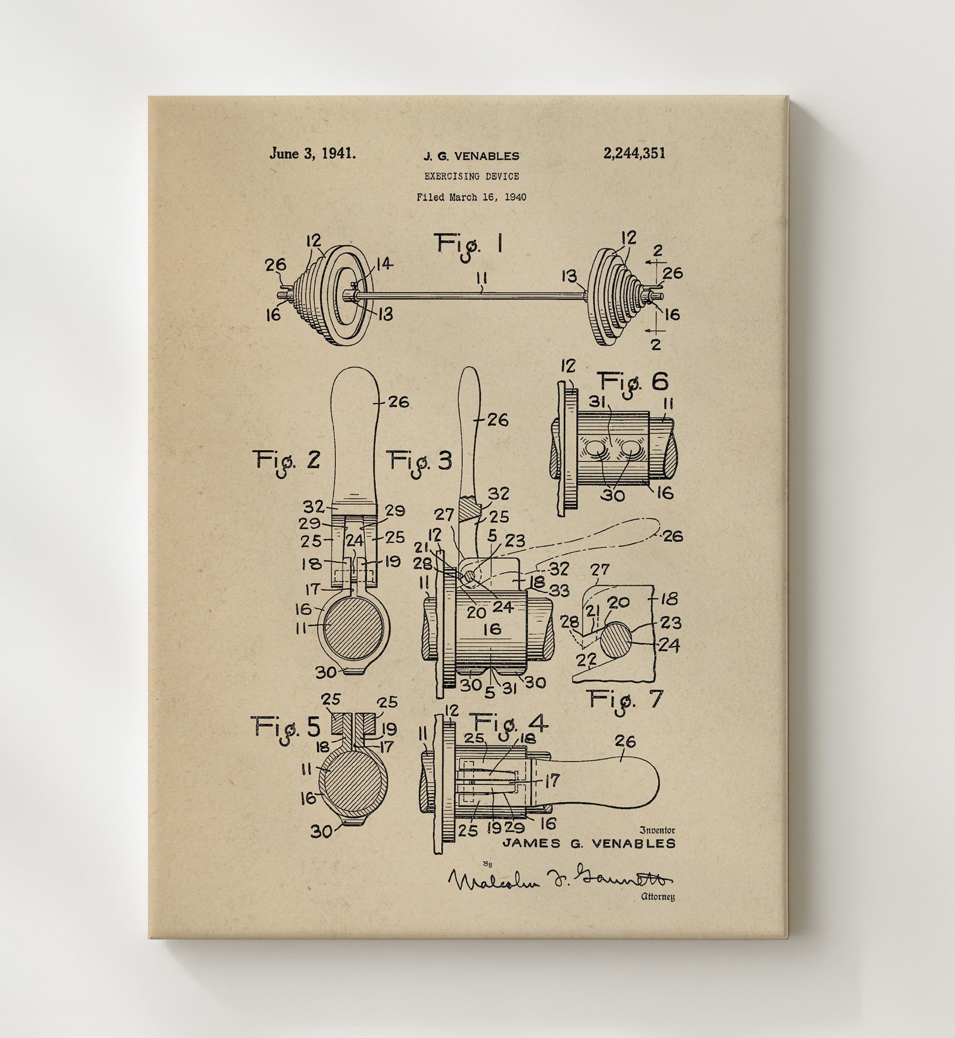 Patent Print - Exercising Device - J G Venables - 1941 - Patent 2244351 Patent Wall Art