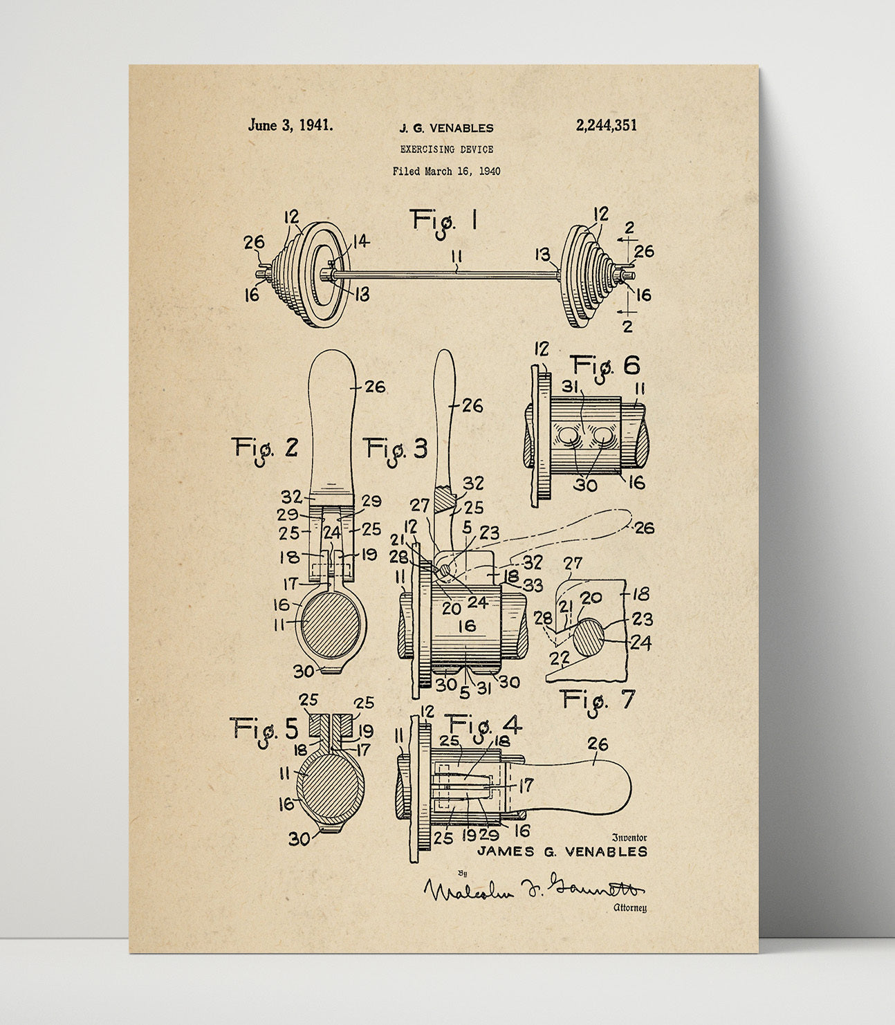 Patent Print - Exercising Device - J G Venables - 1941 - Patent 2244351 Patent Wall Art