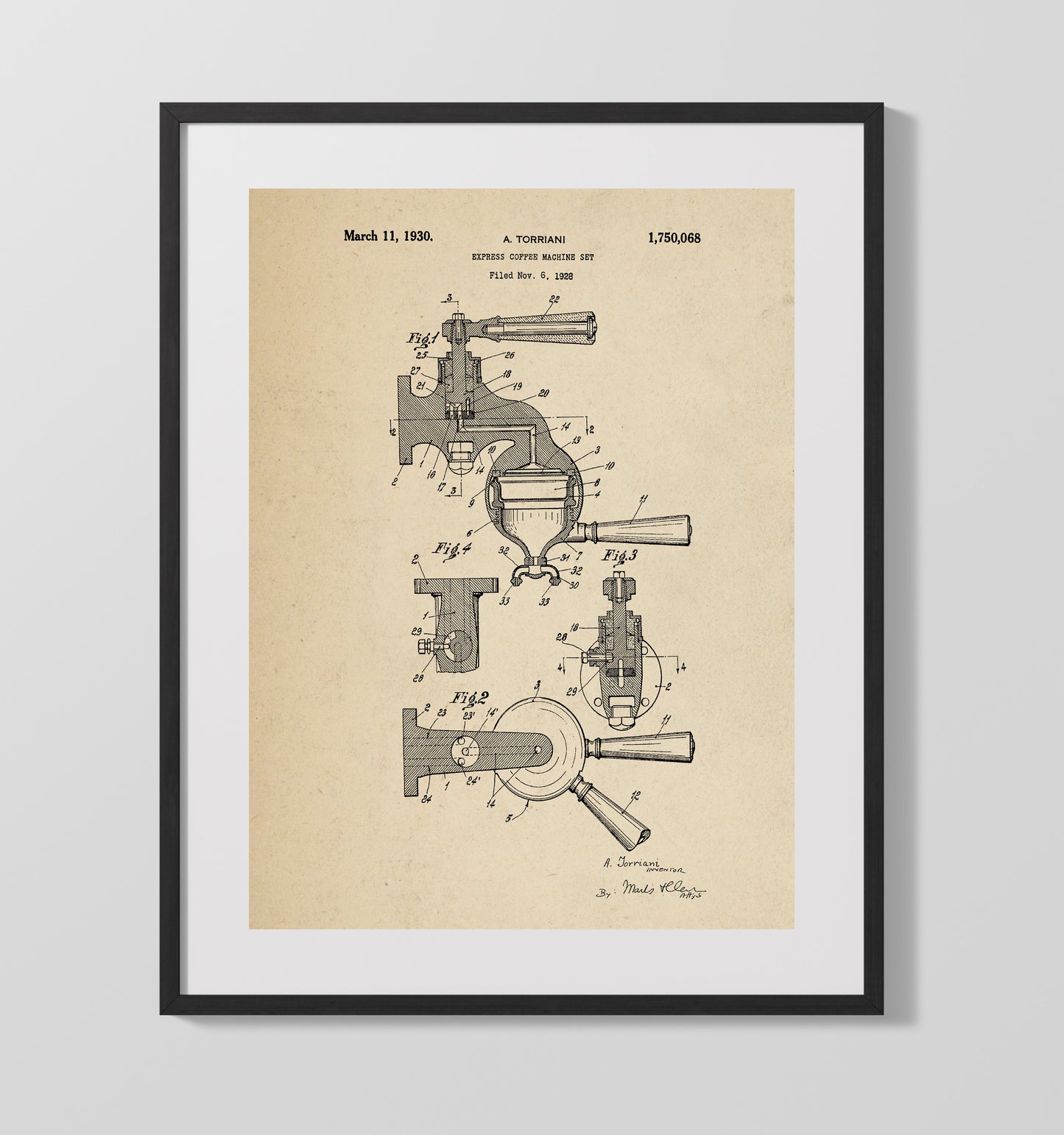 Patent Print - Express Coffee Machine Set - A. Torriani - 1930 - Patent 1750068 Patent Wall Art