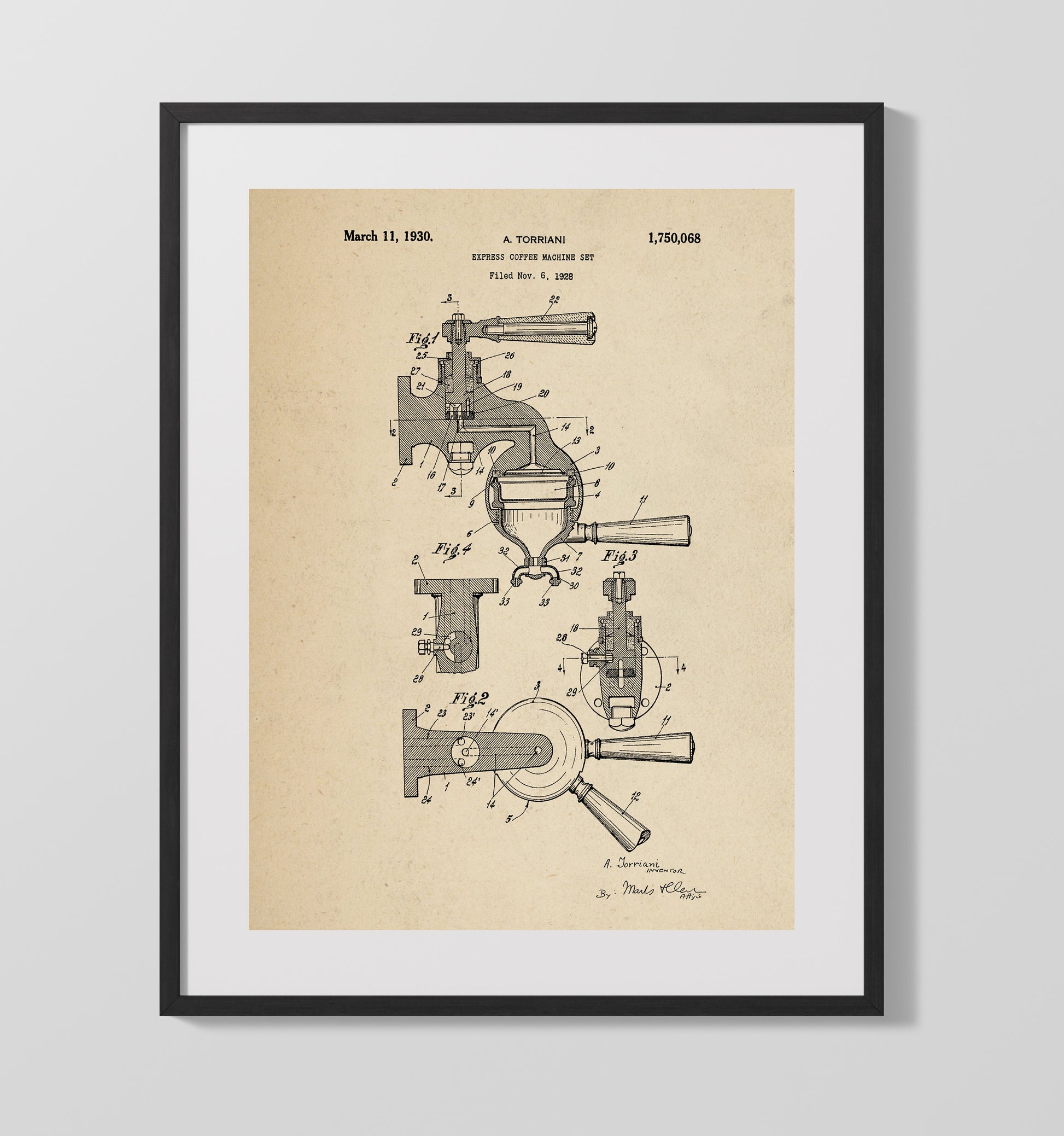 Patent Print - Express Coffee Machine Set - A. Torriani - 1930 - Patent 1750068 Patent Wall Art