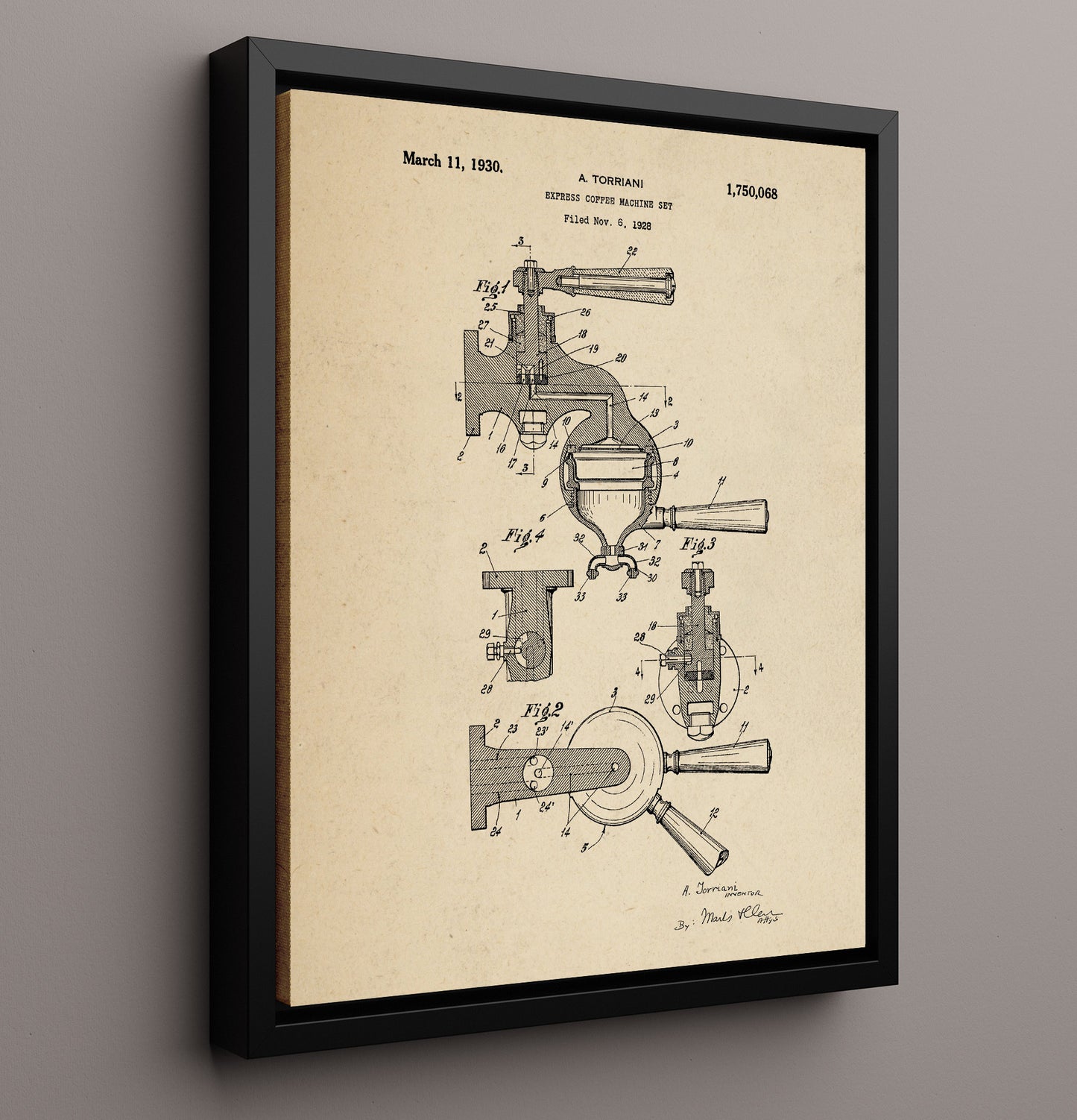 Patent Print - Express Coffee Machine Set - A. Torriani - 1930 - Patent 1750068 Patent Wall Art