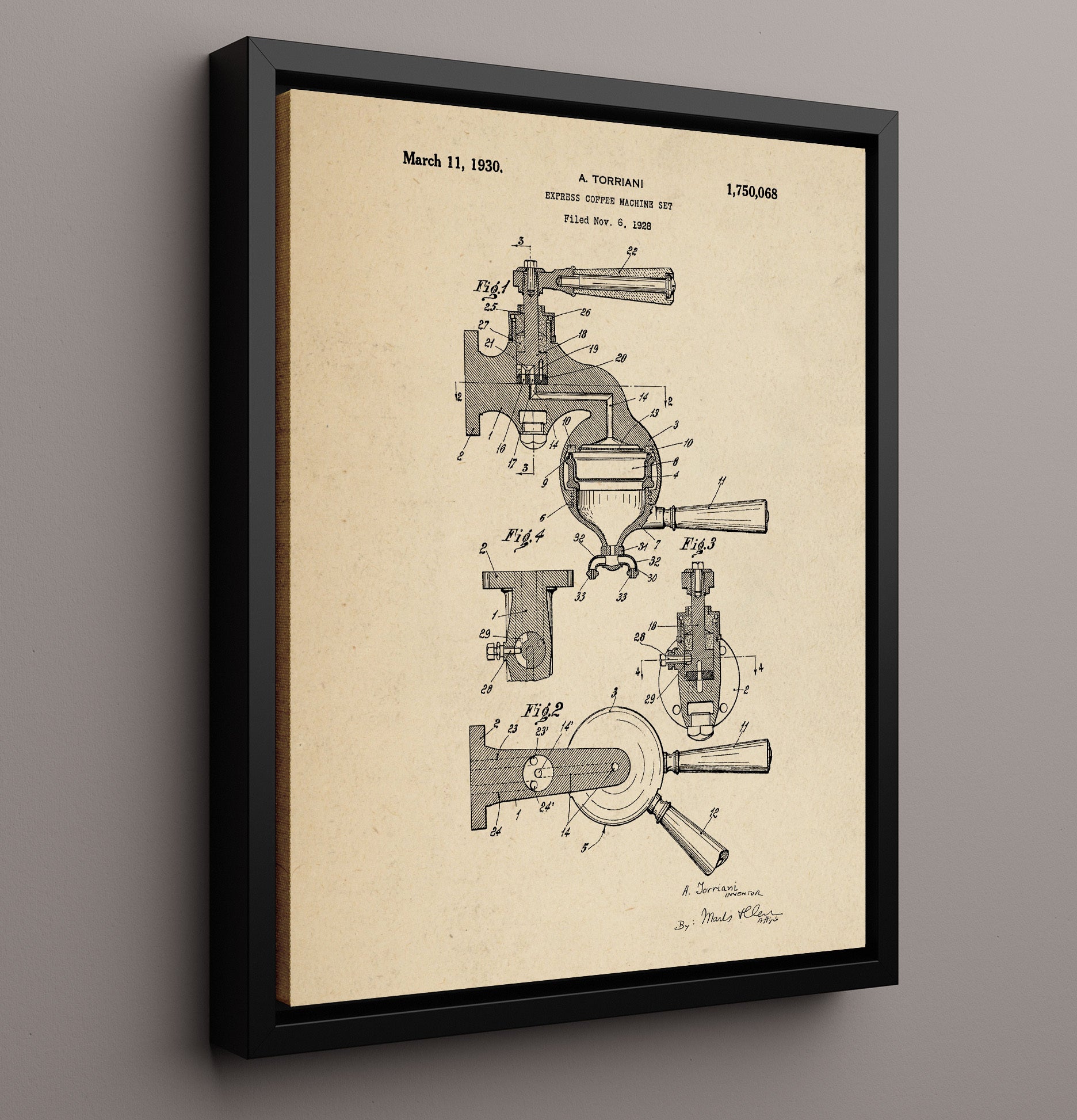 Patent Print - Express Coffee Machine Set - A. Torriani - 1930 - Patent 1750068 Patent Wall Art