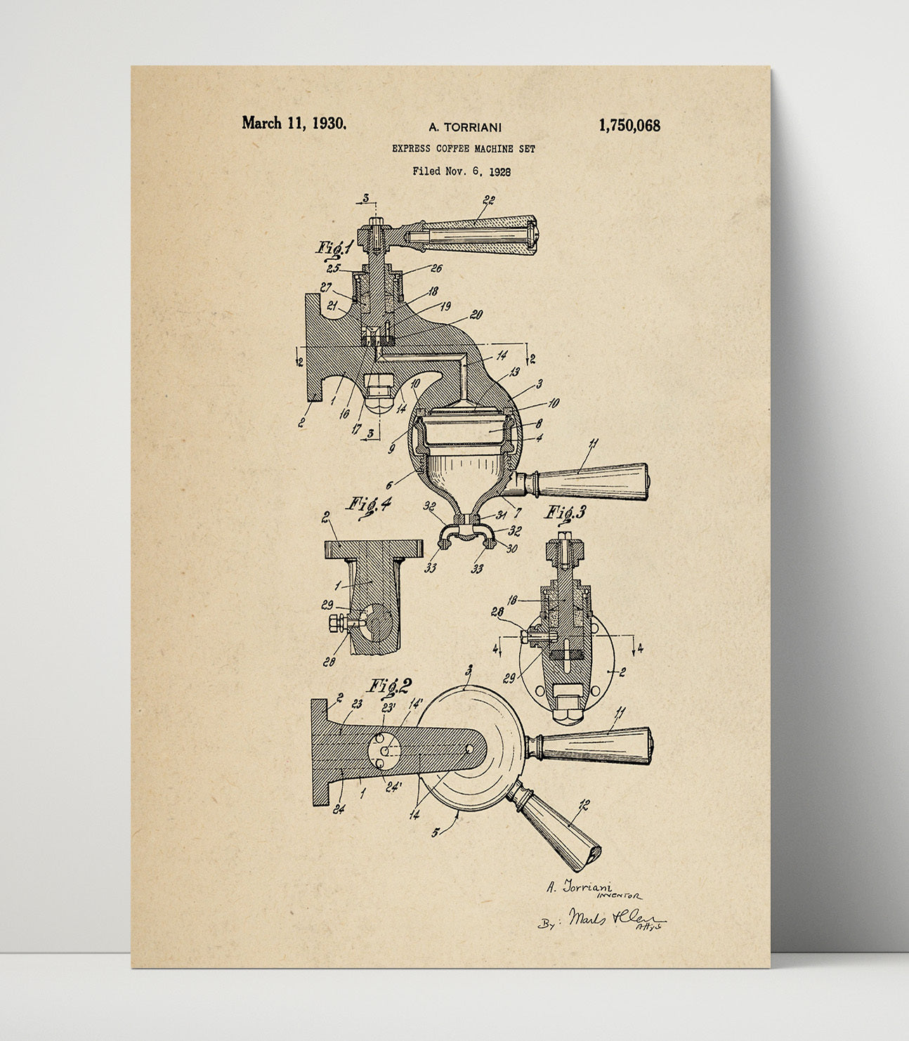 Patent Print - Express Coffee Machine Set - A. Torriani - 1930 - Patent 1750068 Patent Wall Art