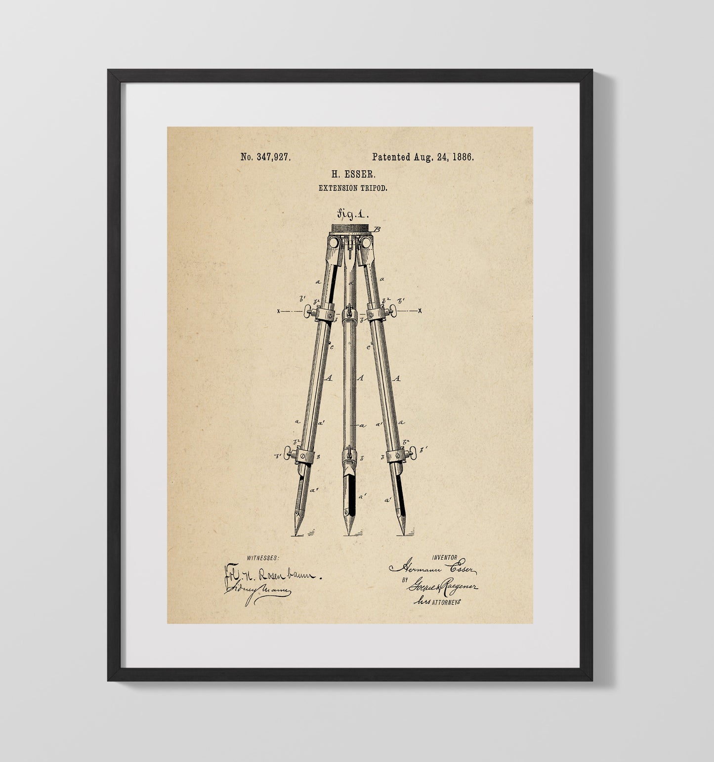 Patent Print - Extension Tripod - Hermann Esser - 1886 - Patent 347927 Patent Wall Art