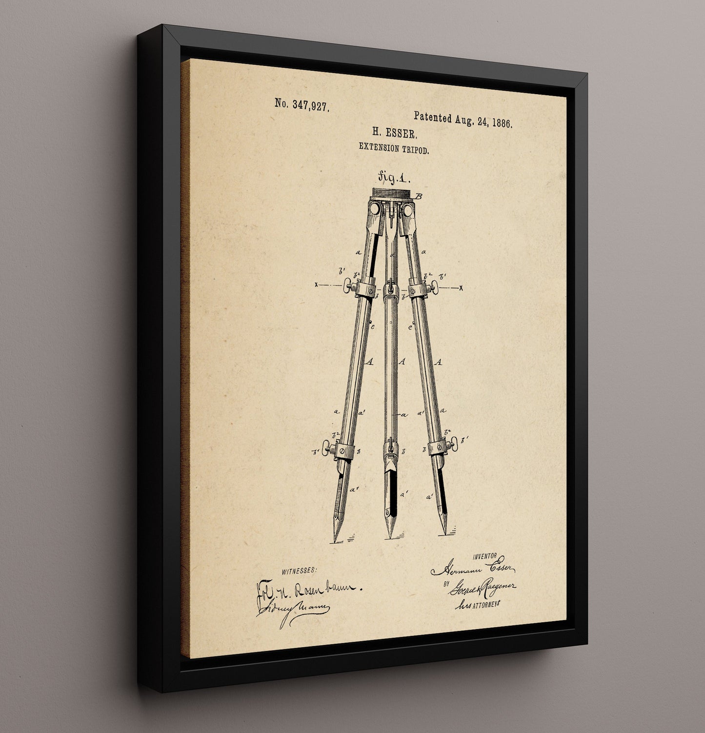 Patent Print - Extension Tripod - Hermann Esser - 1886 - Patent 347927 Patent Wall Art