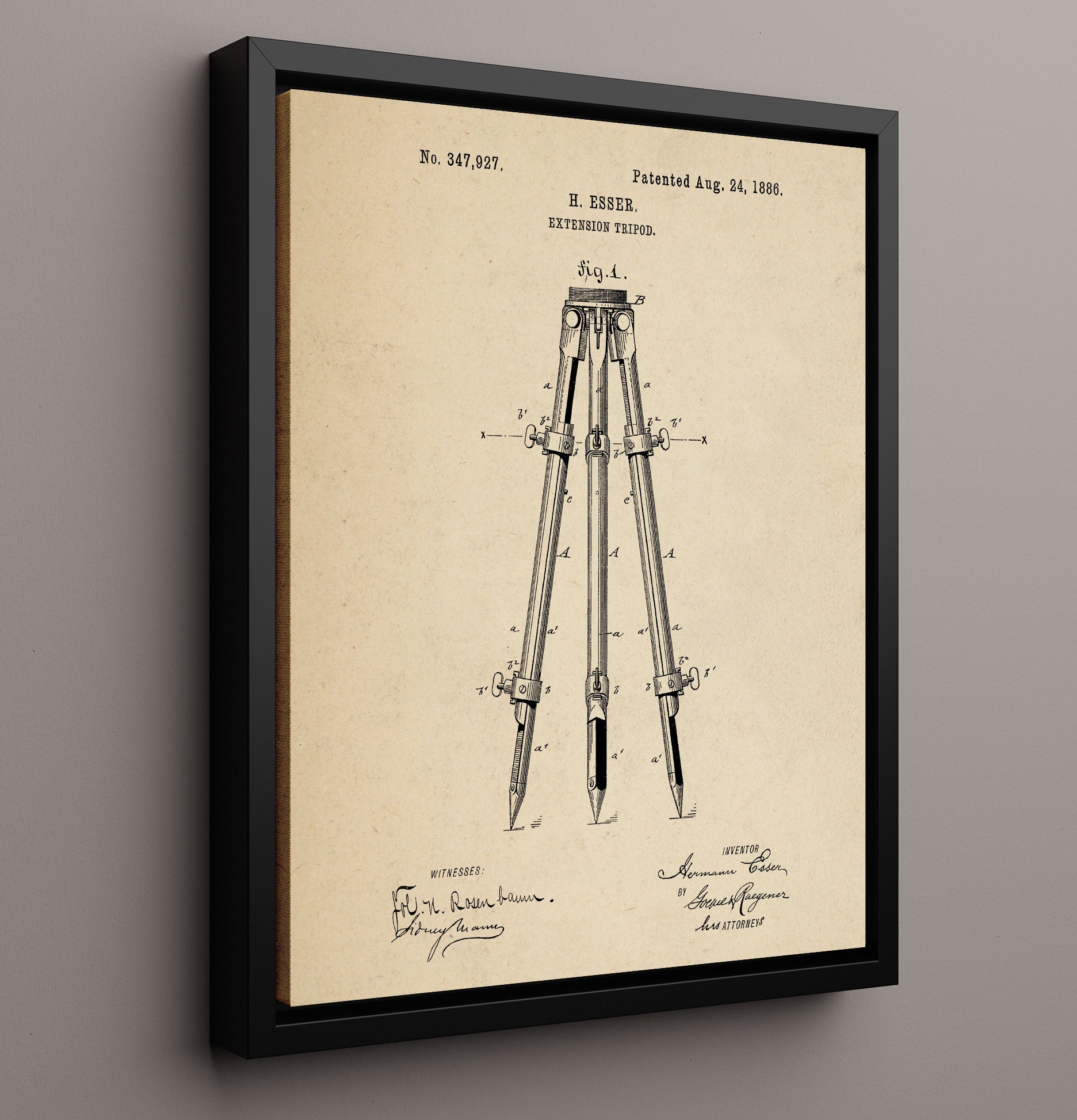 Patent Print - Extension Tripod - Hermann Esser - 1886 - Patent 347927 Patent Wall Art