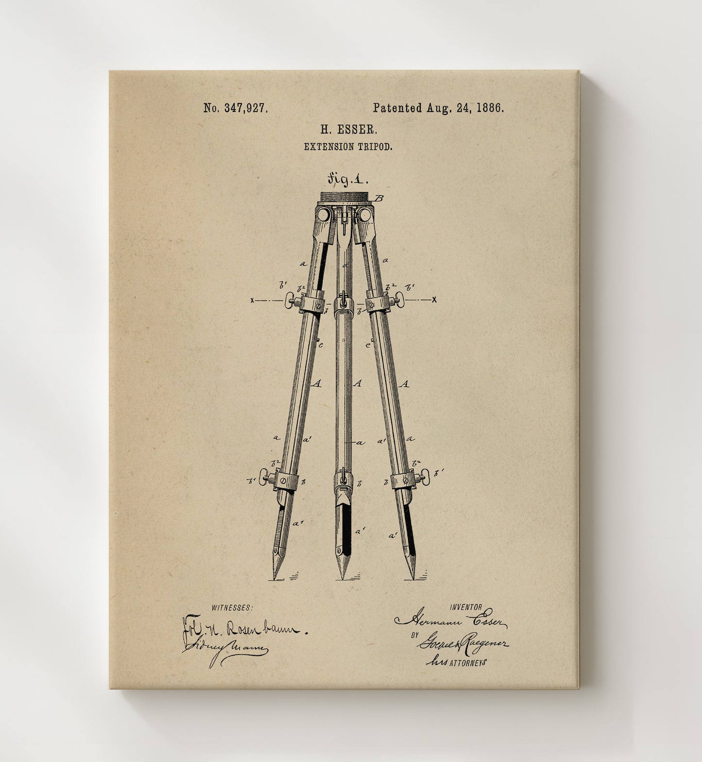 Patent Print - Extension Tripod - Hermann Esser - 1886 - Patent 347927 Patent Wall Art