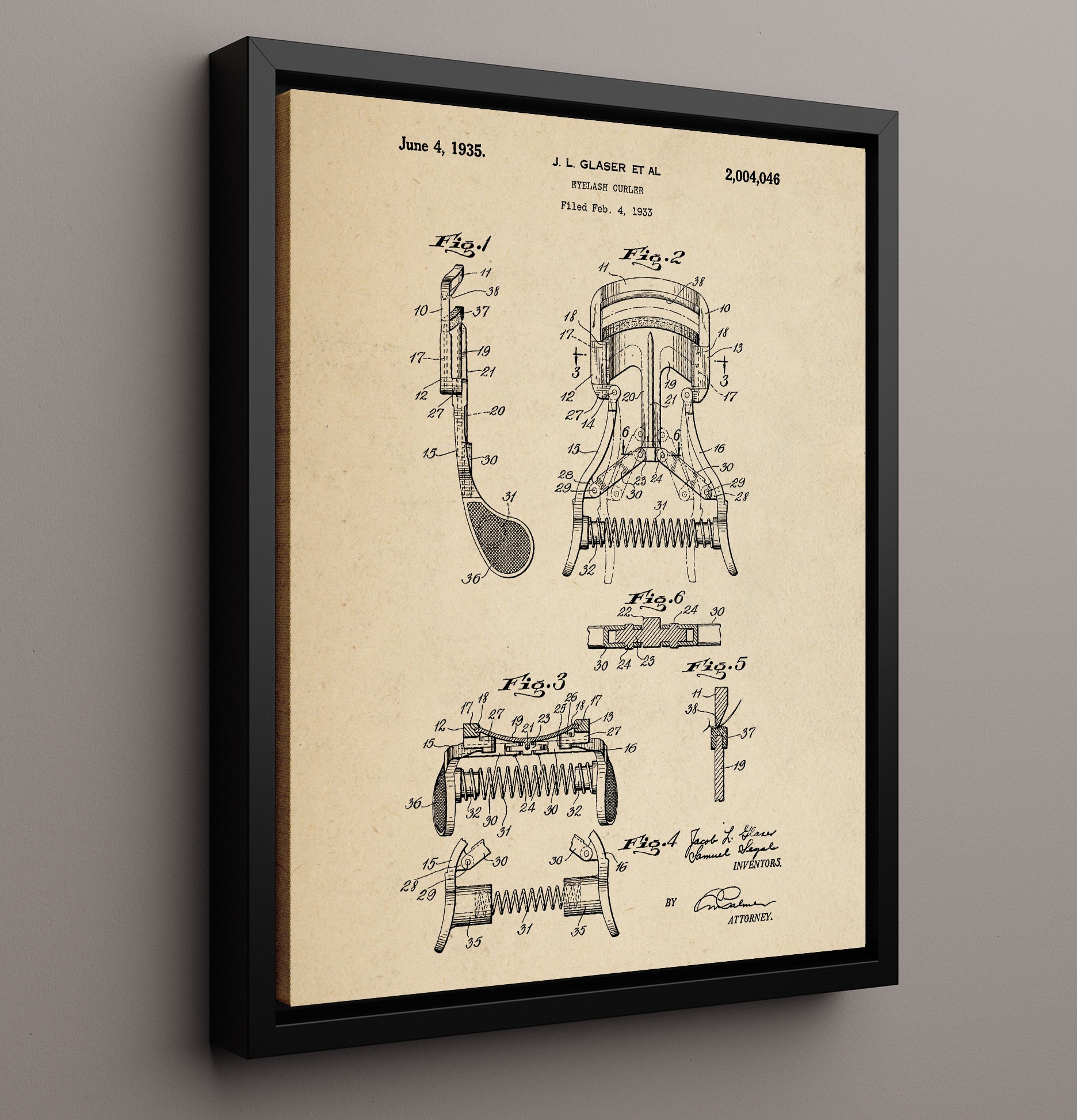 Patent Print - Eyelash Curler - Jacob L. Glaser - 1935 - Patent 2004046 Patent Wall Art