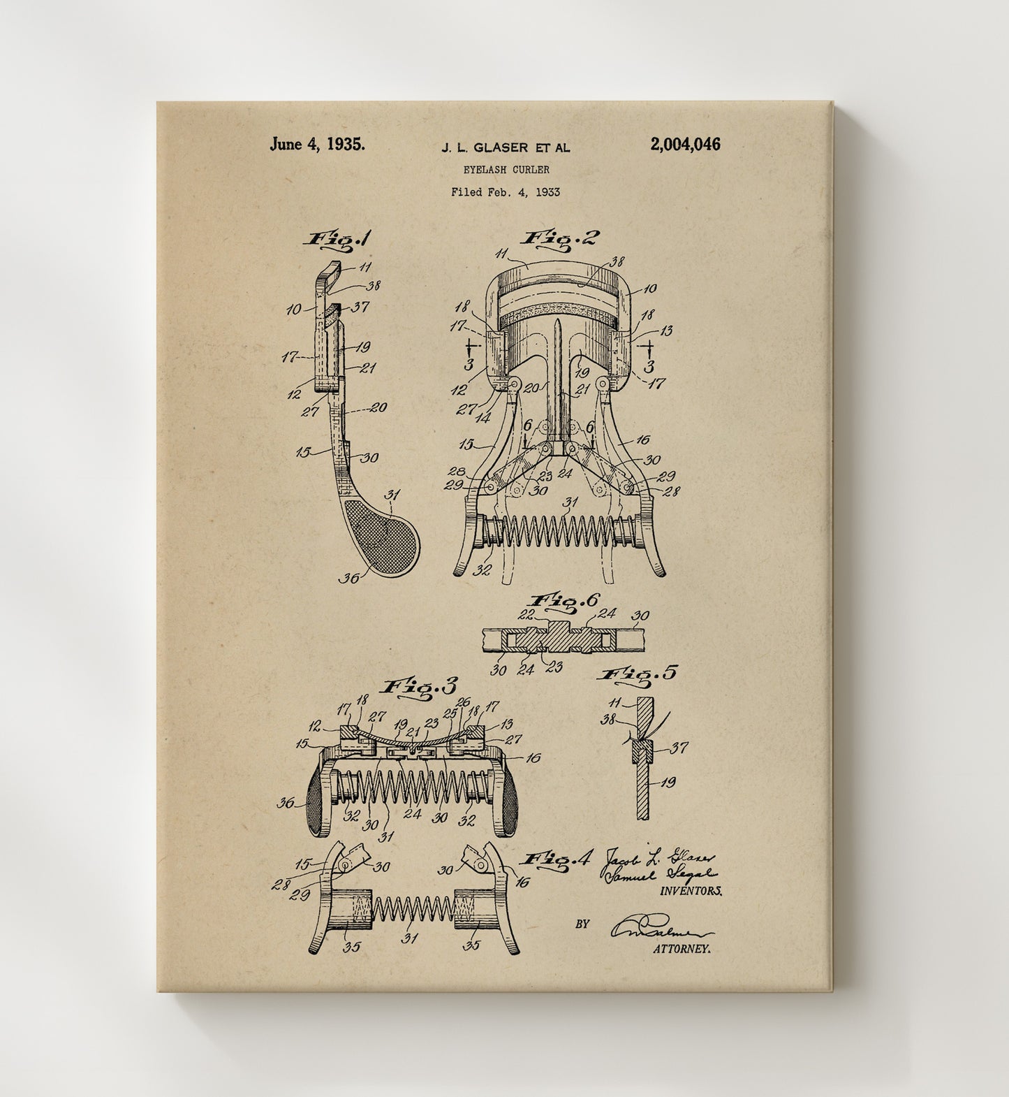Patent Print - Eyelash Curler - Jacob L. Glaser - 1935 - Patent 2004046 Patent Wall Art