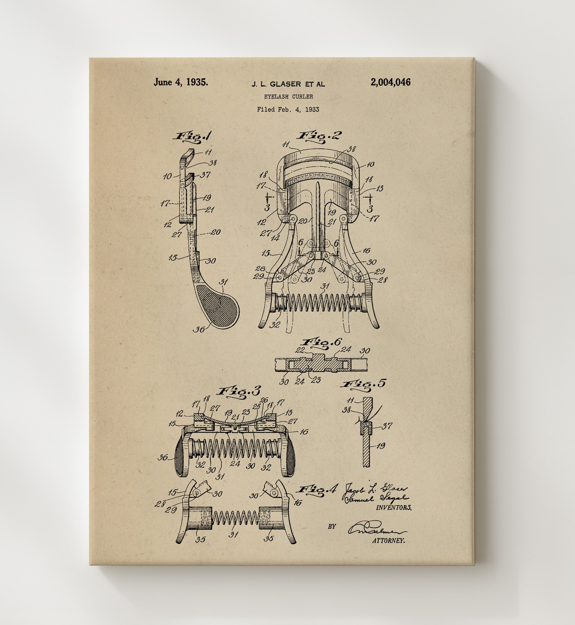 Patent Print - Eyelash Curler - Jacob L. Glaser - 1935 - Patent 2004046 Patent Wall Art