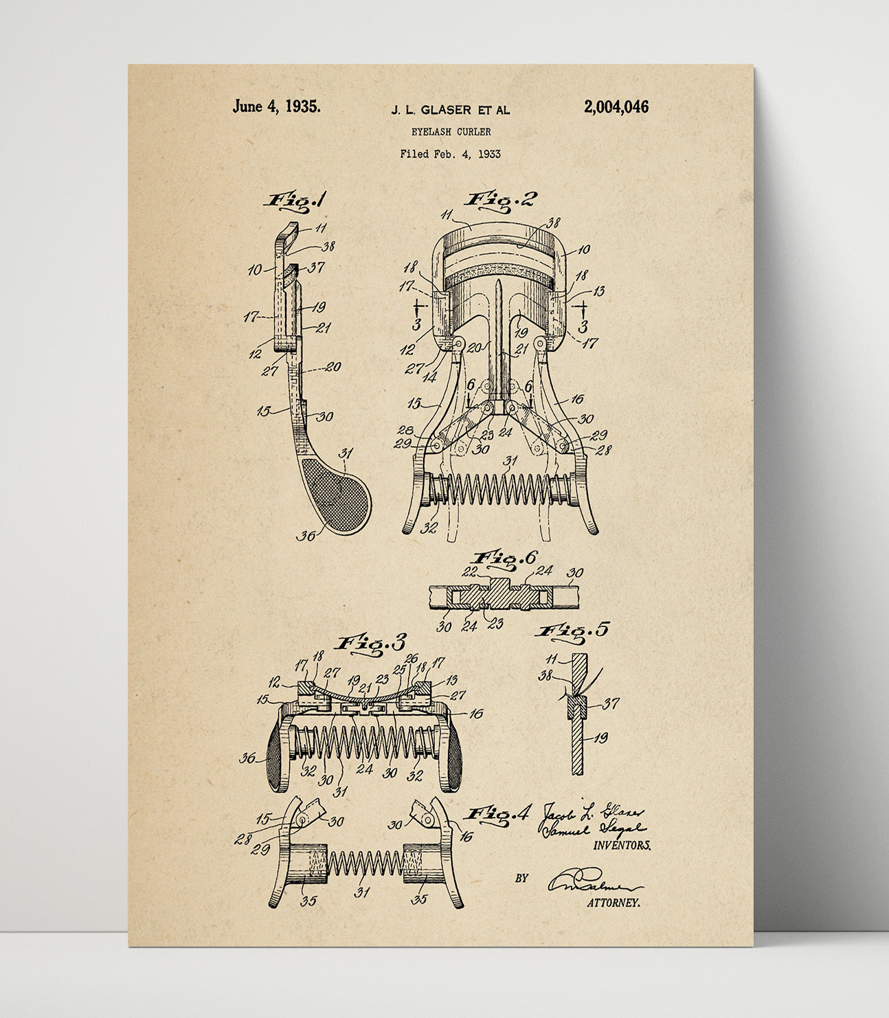 Patent Print - Eyelash Curler - Jacob L. Glaser - 1935 - Patent 2004046 Patent Wall Art