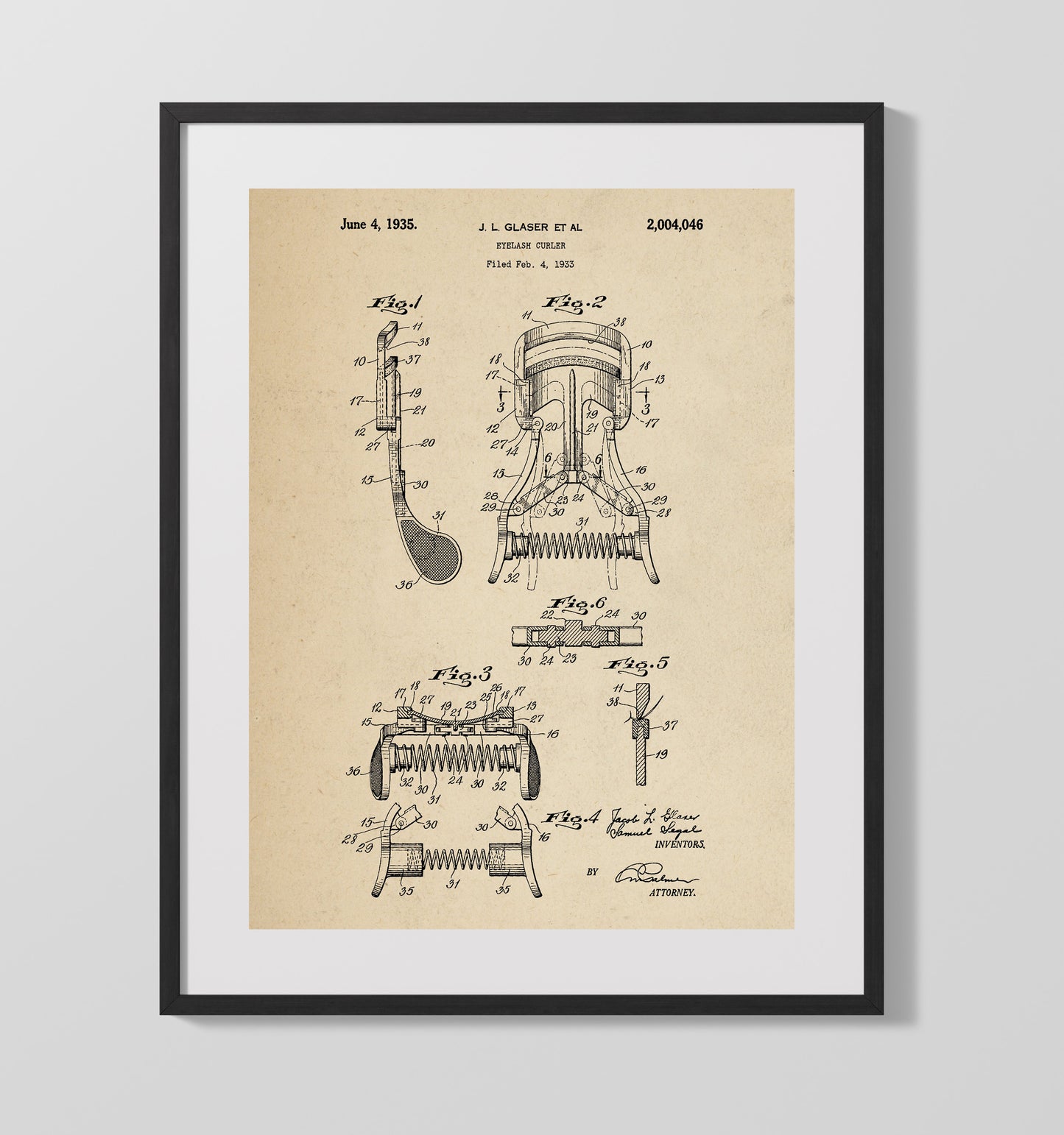 Patent Print - Eyelash Curler - Jacob L. Glaser - 1935 - Patent 2004046 Patent Wall Art