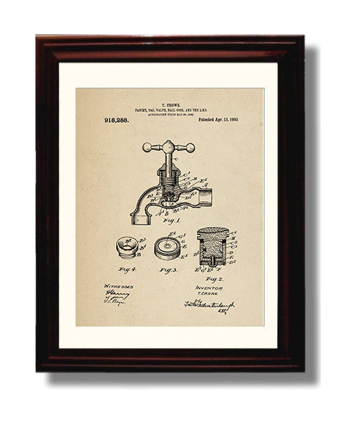 Patent Print - Faucet Tap Valve Ball Cock And The Like - T. Crowe - 1909 - Patent 918288 Patent Wall Art