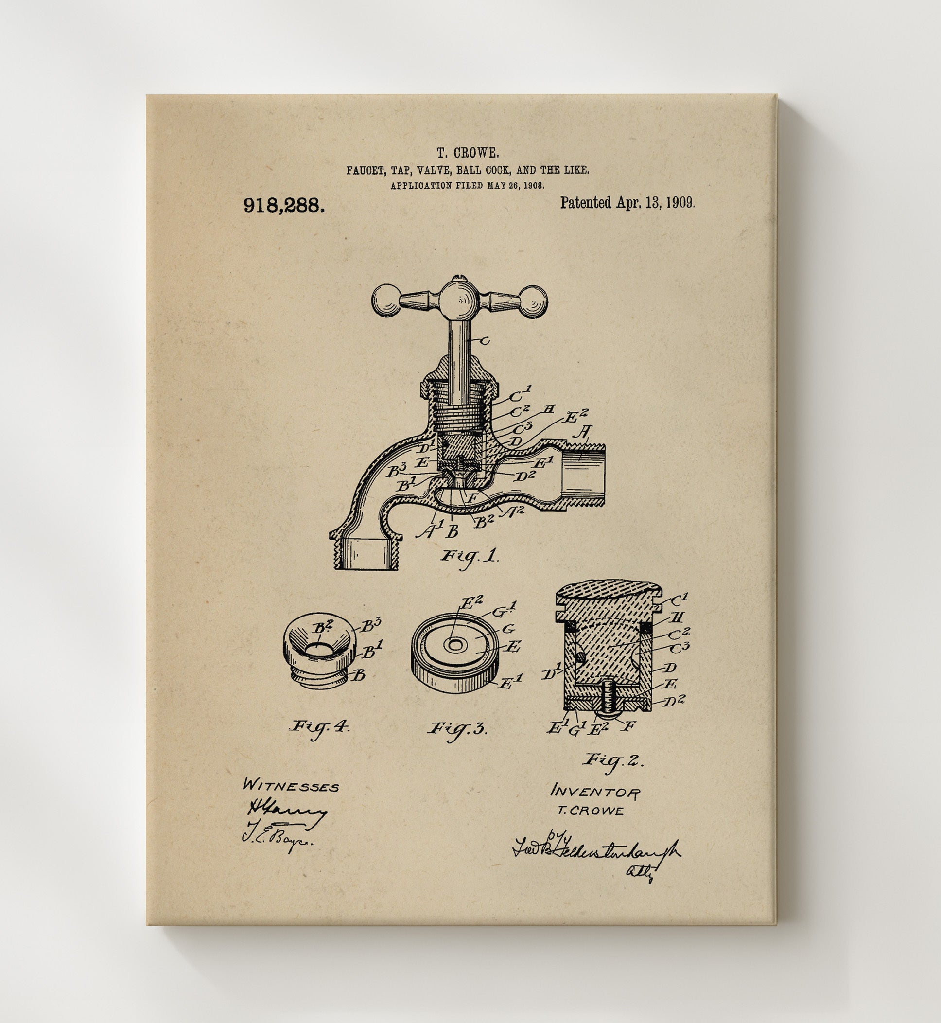 Patent Print - Faucet Tap Valve Ball Cock And The Like - T. Crowe - 1909 - Patent 918288 Patent Wall Art