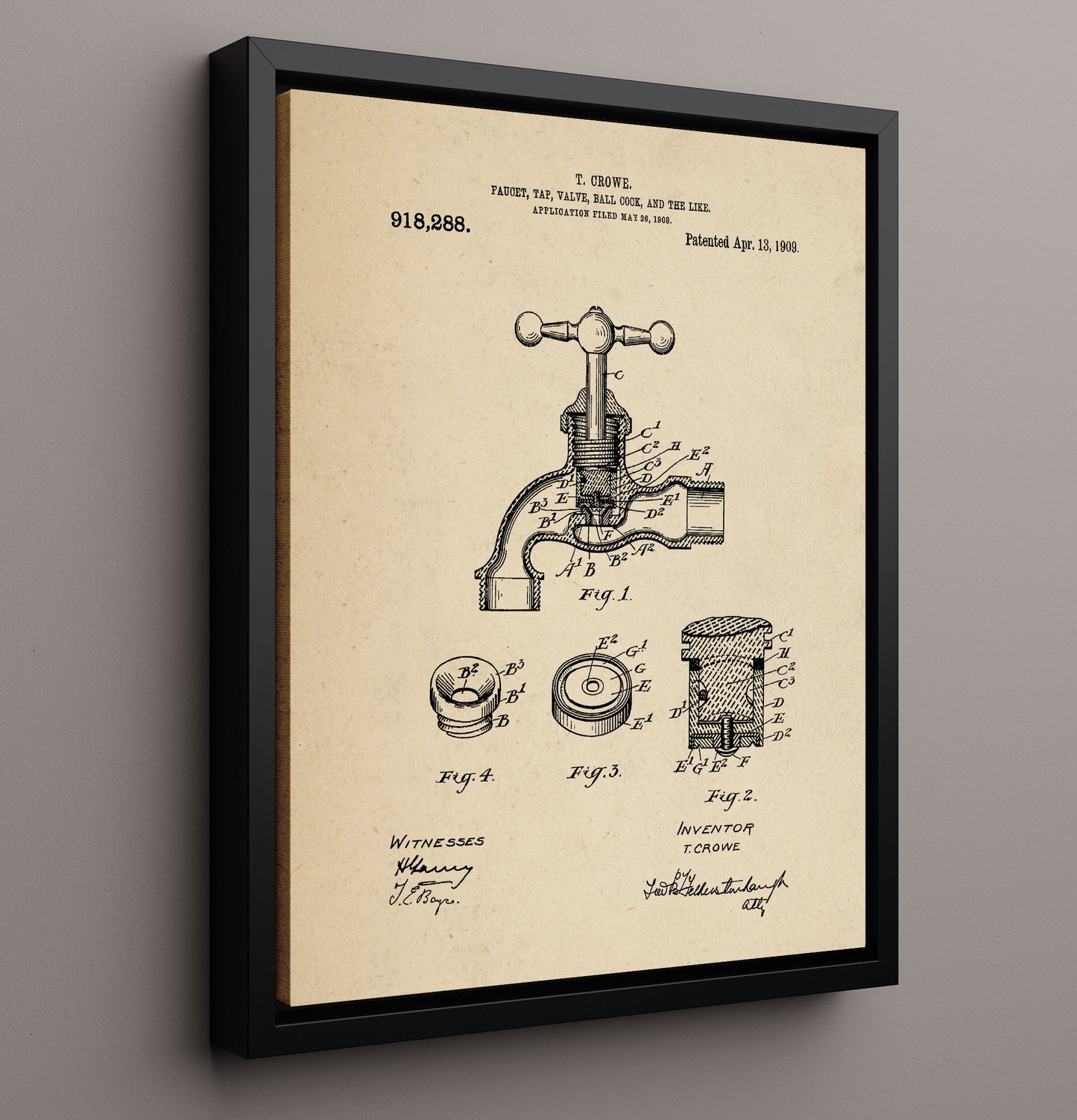 Patent Print - Faucet Tap Valve Ball Cock And The Like - T. Crowe - 1909 - Patent 918288 Patent Wall Art