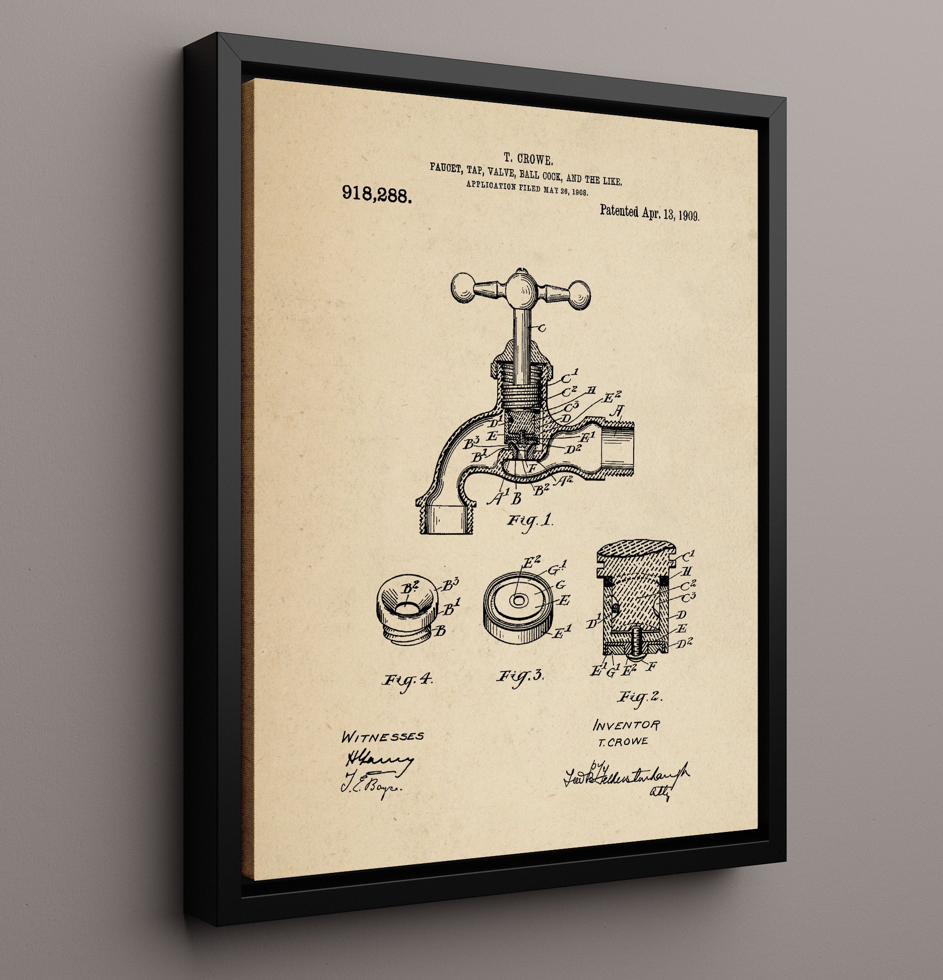 Patent Print - Faucet Tap Valve Ball Cock And The Like - T. Crowe - 1909 - Patent 918288 Patent Wall Art