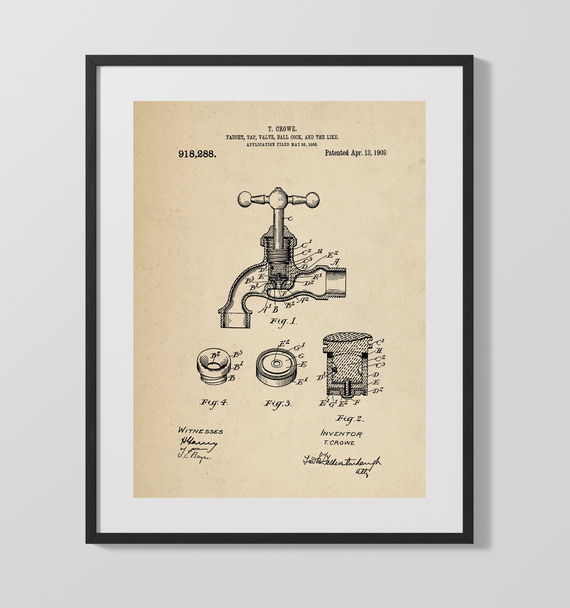 Patent Print - Faucet Tap Valve Ball Cock And The Like - T. Crowe - 1909 - Patent 918288 Patent Wall Art
