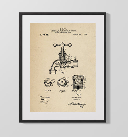 Faucet Tap Valve Ball Cock And The Like - 1909 Patent - 16x20 Gallery Frame