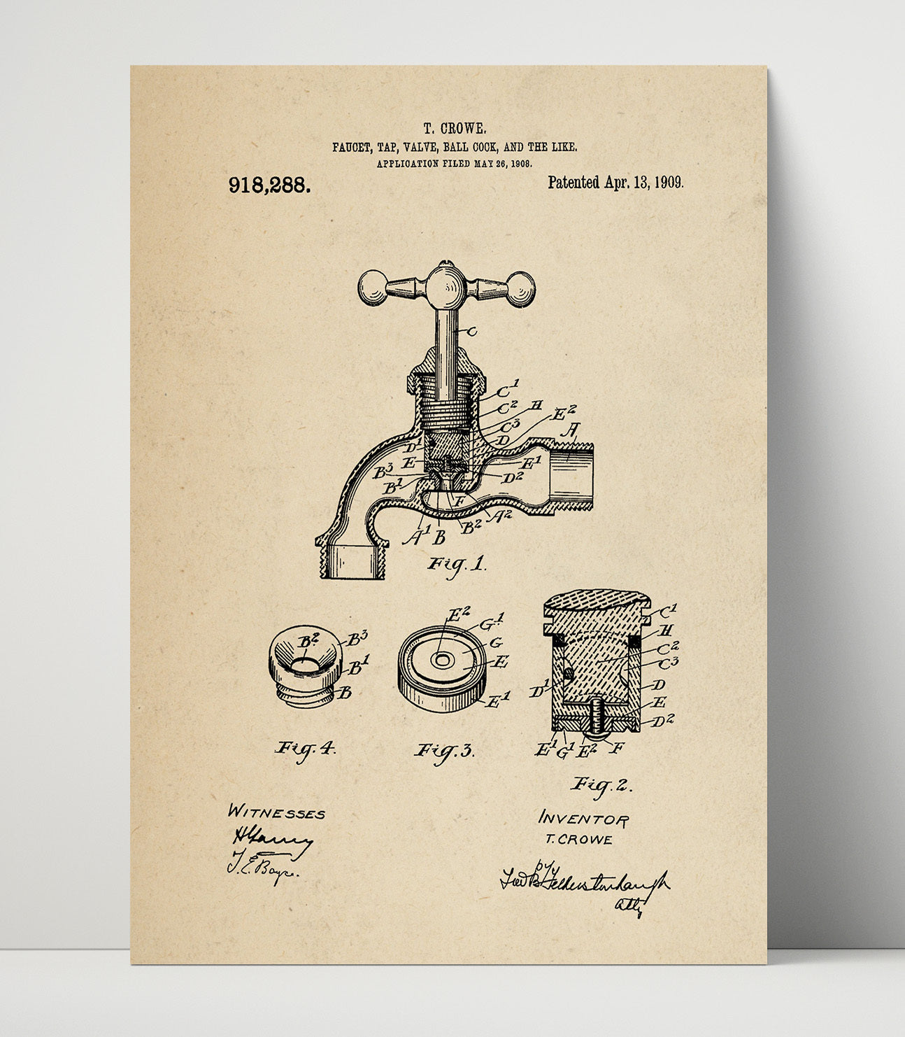 Patent Print - Faucet Tap Valve Ball Cock And The Like - T. Crowe - 1909 - Patent 918288 Patent Wall Art