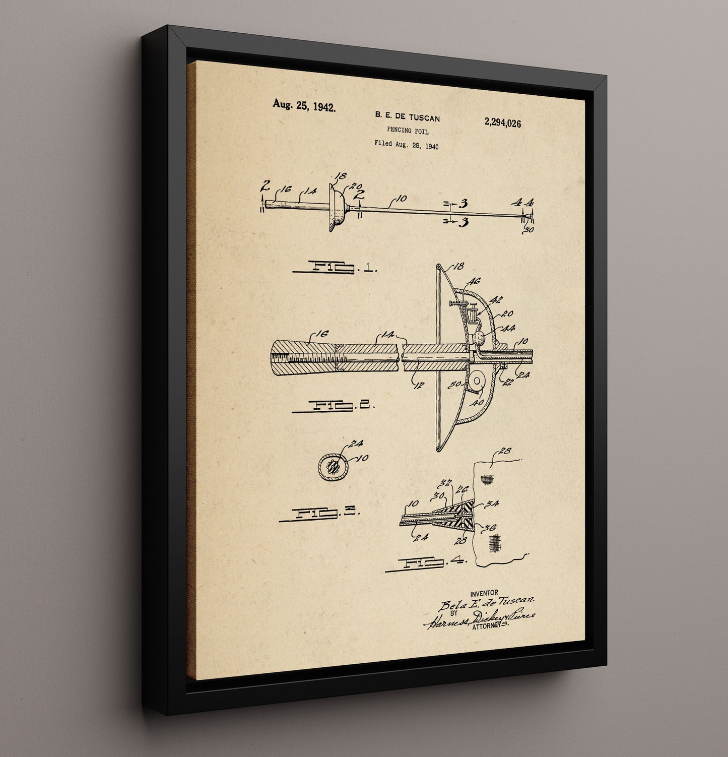 Patent Print - Fencing Foil - Bela E. De Tuscan - 1942 - Patent 2294026 Patent Wall Art