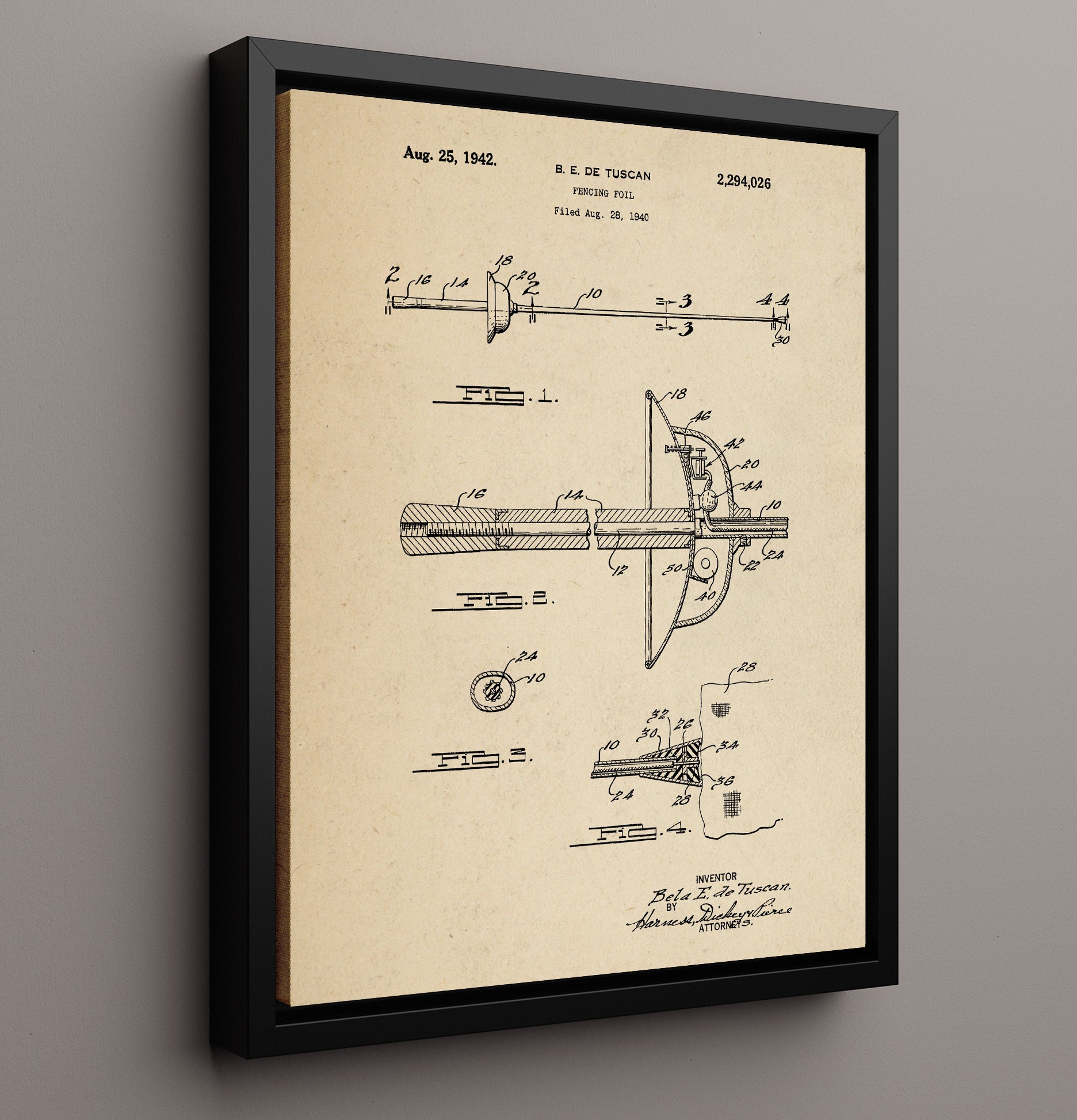 Patent Print - Fencing Foil - Bela E. De Tuscan - 1942 - Patent 2294026 Patent Wall Art