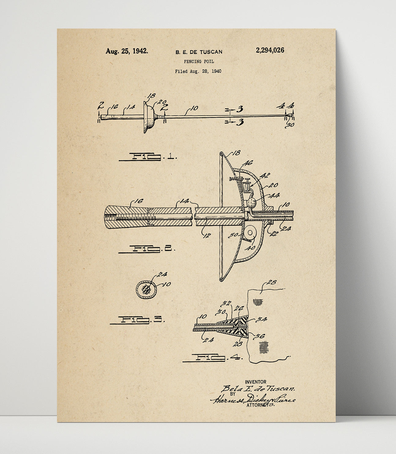 Patent Print - Fencing Foil - Bela E. De Tuscan - 1942 - Patent 2294026 Patent Wall Art