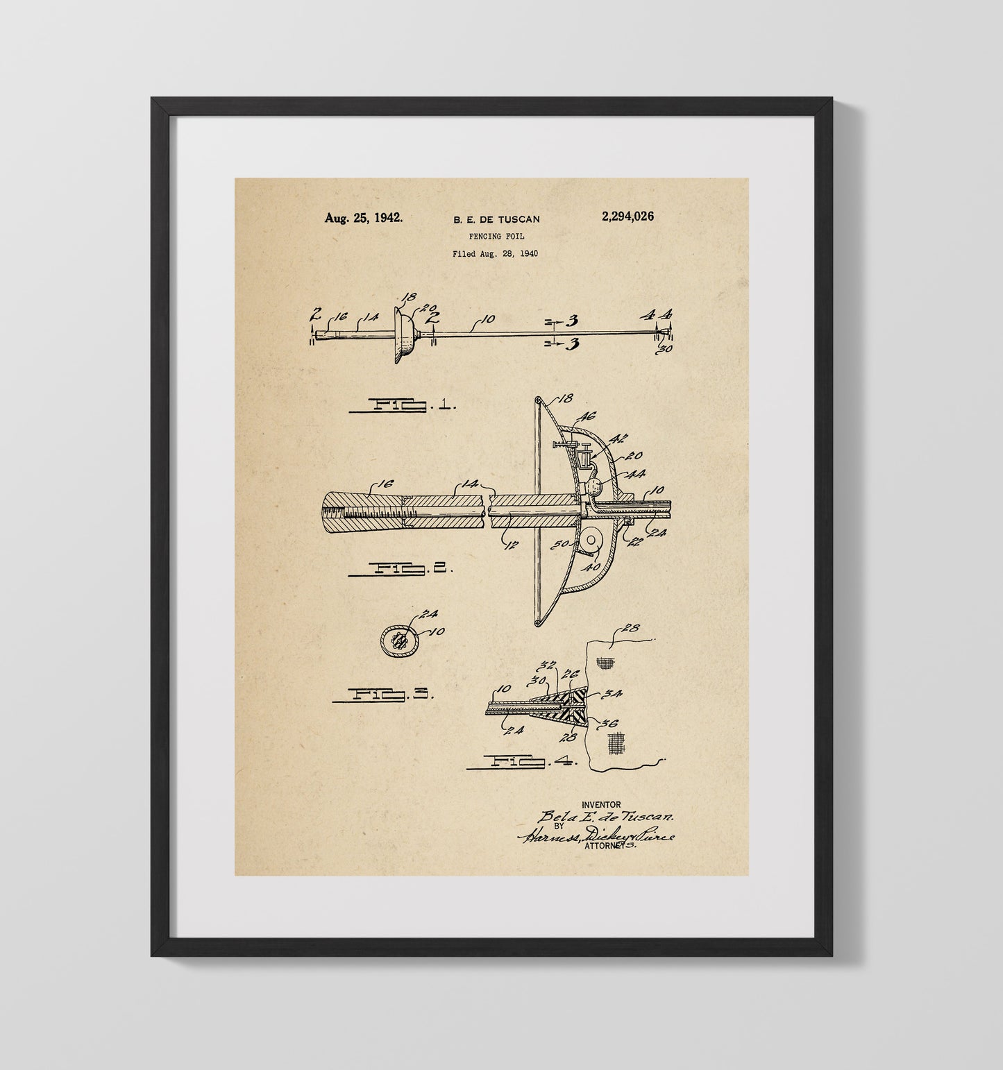 Patent Print - Fencing Foil - Bela E. De Tuscan - 1942 - Patent 2294026 Patent Wall Art