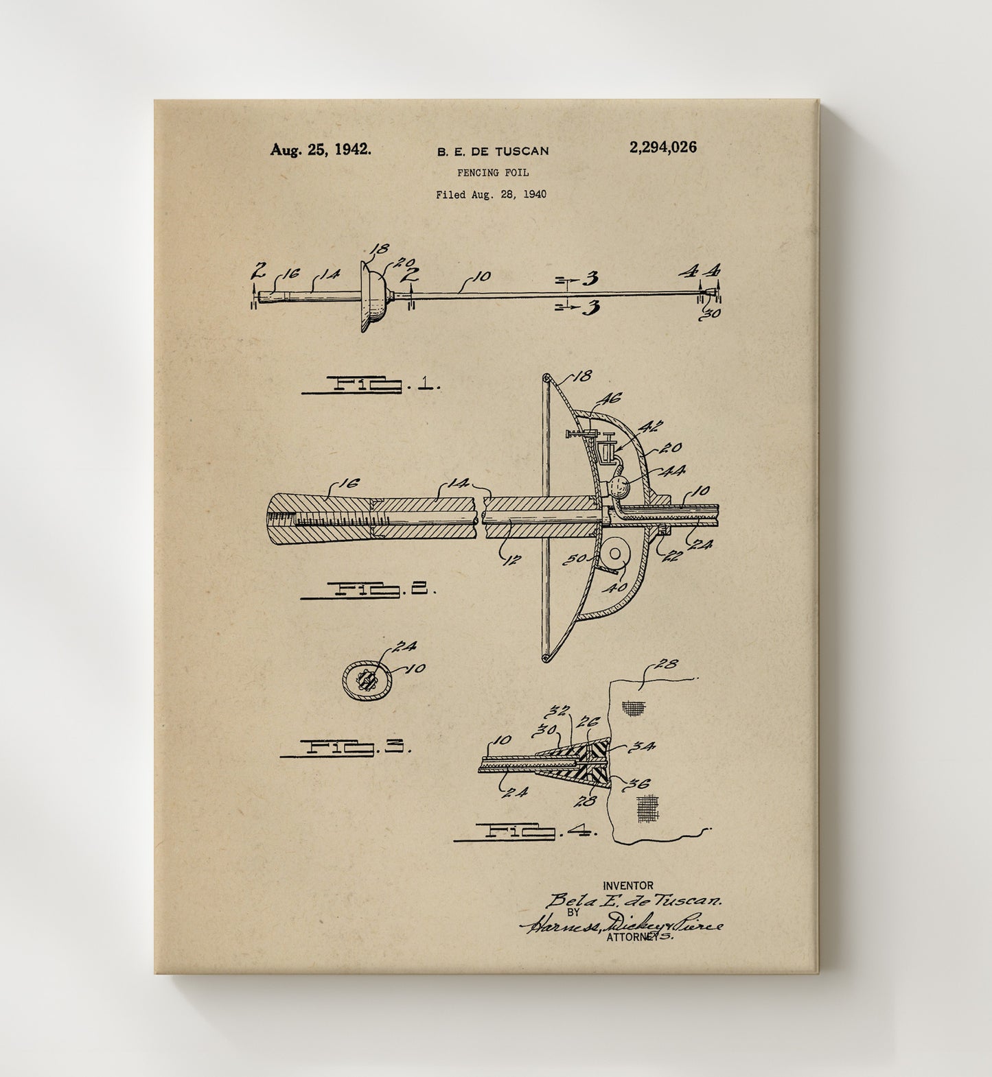 Patent Print - Fencing Foil - Bela E. De Tuscan - 1942 - Patent 2294026 Patent Wall Art
