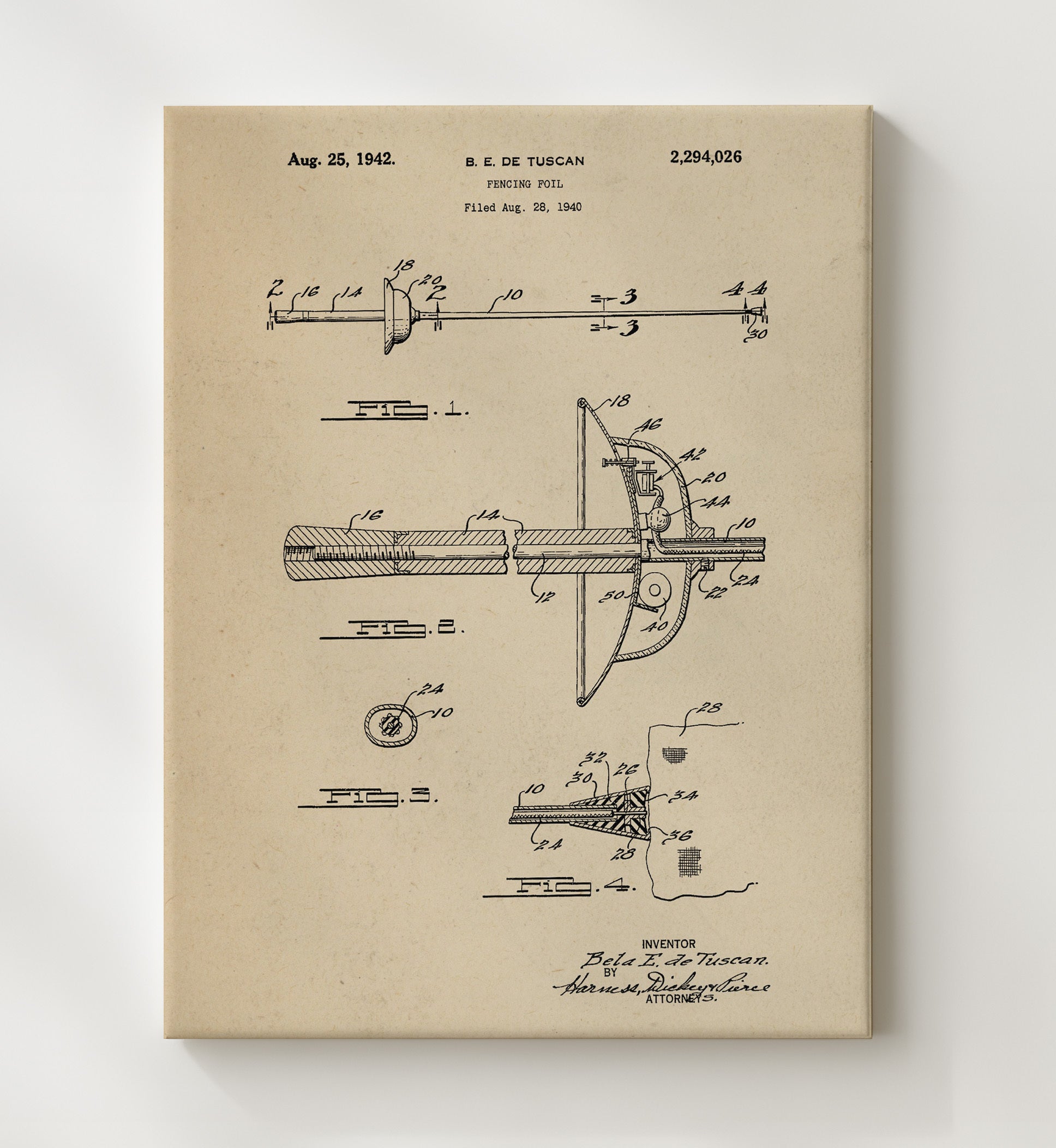 Patent Print - Fencing Foil - Bela E. De Tuscan - 1942 - Patent 2294026 Patent Wall Art