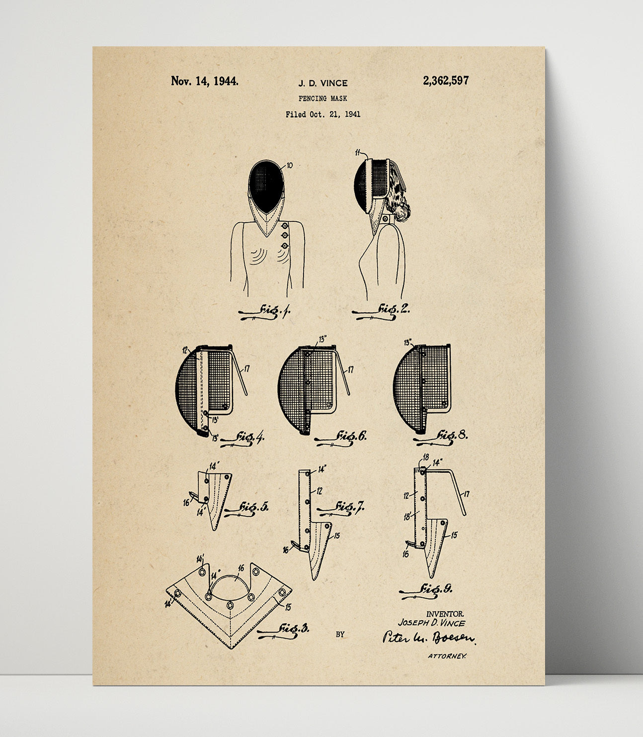 Patent Print - Fencing Mask - J D Vince - 1944 - Patent 2362597 Patent Wall Art