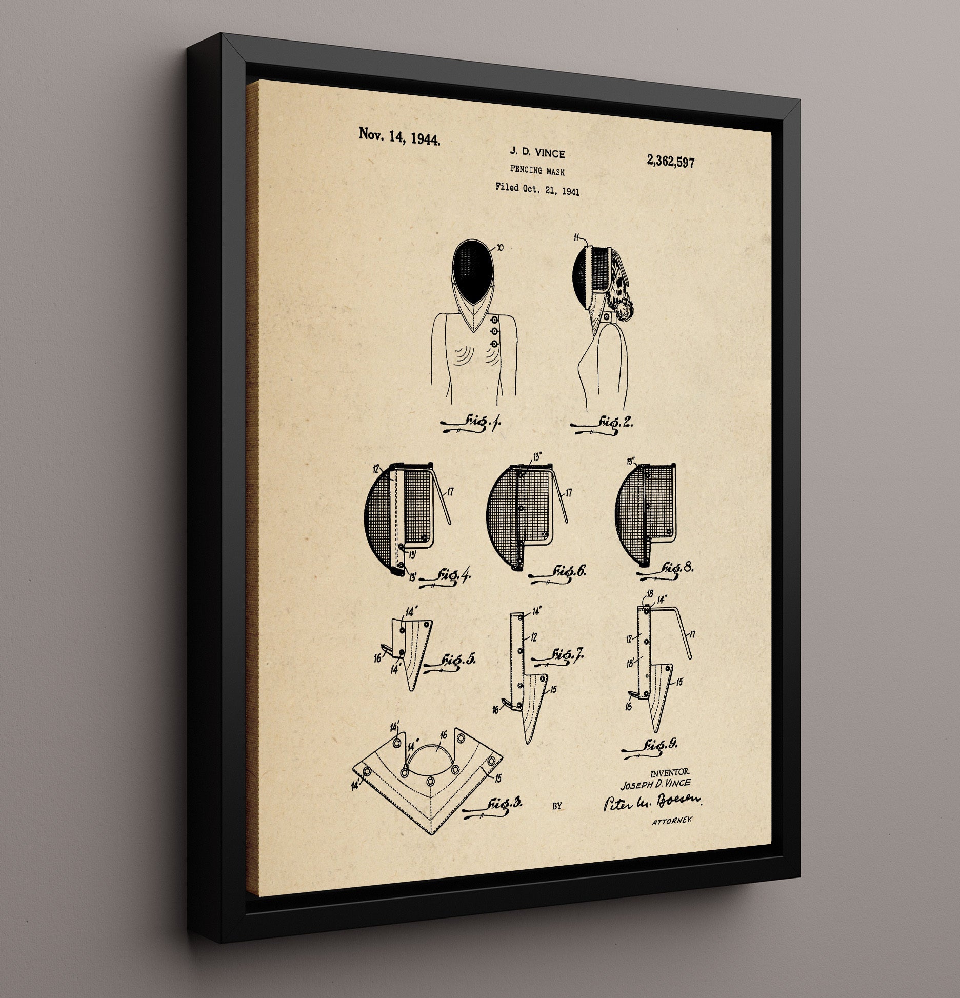 Patent Print - Fencing Mask - J D Vince - 1944 - Patent 2362597 Patent Wall Art