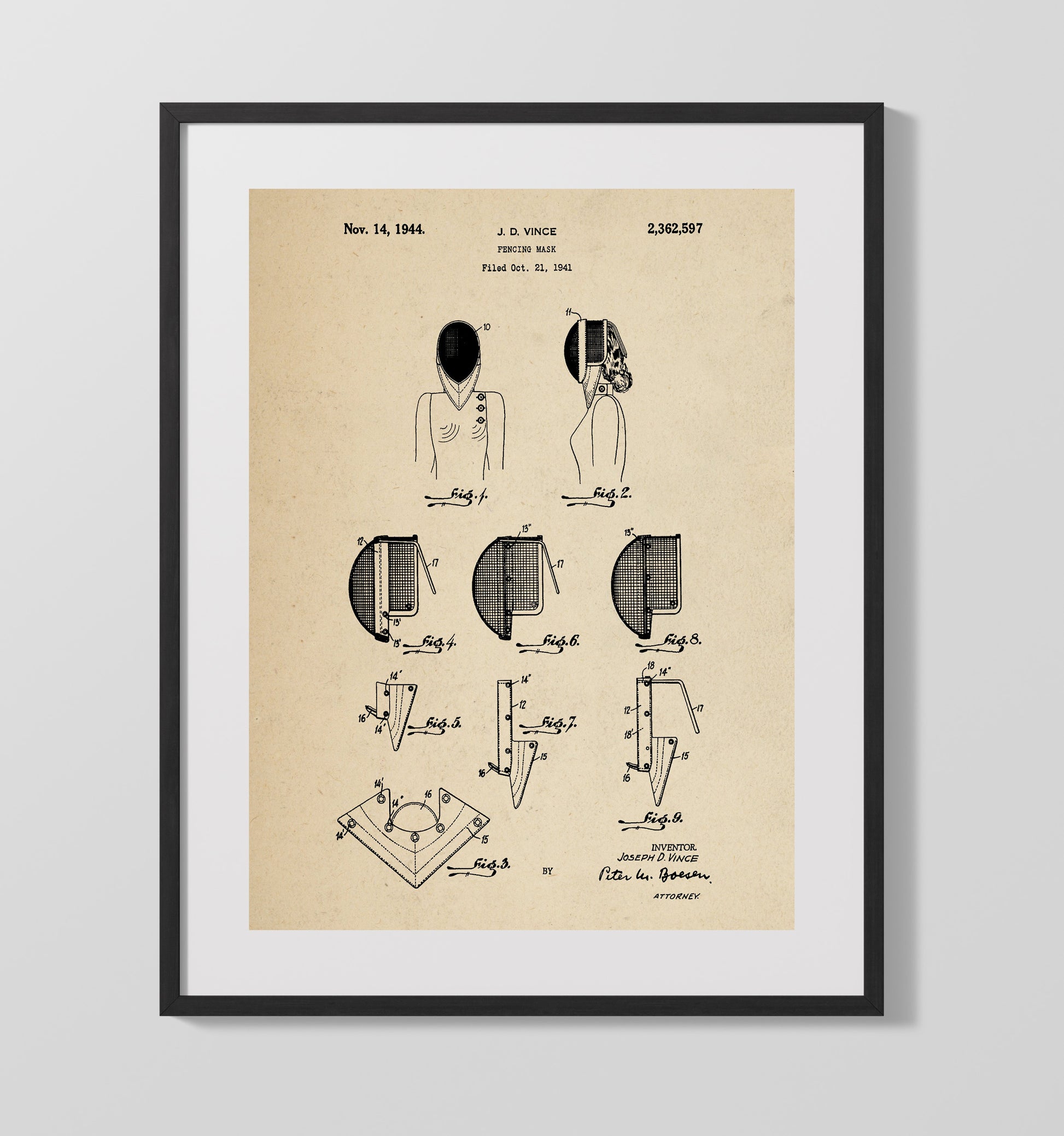 Patent Print - Fencing Mask - J D Vince - 1944 - Patent 2362597 Patent Wall Art