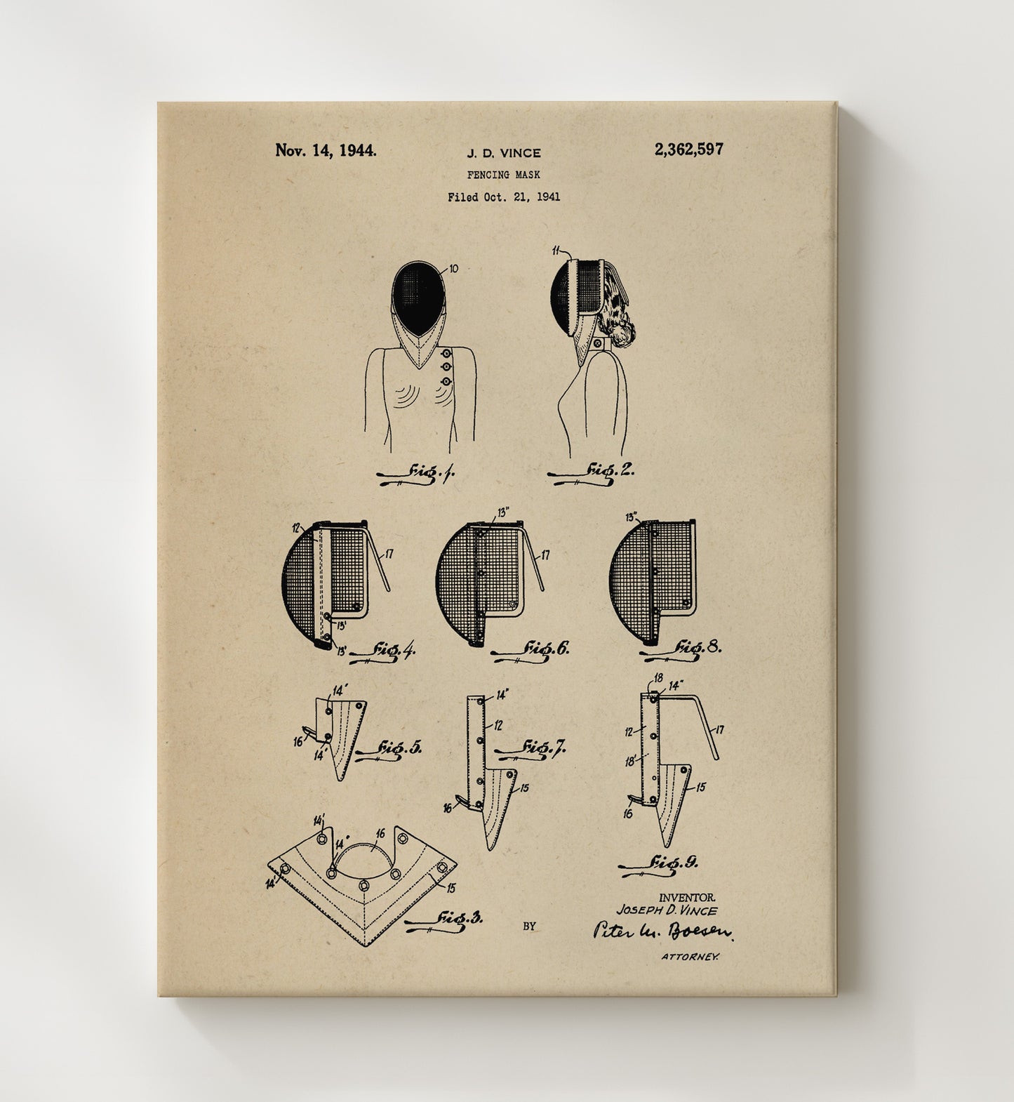 Patent Print - Fencing Mask - J D Vince - 1944 - Patent 2362597 Patent Wall Art