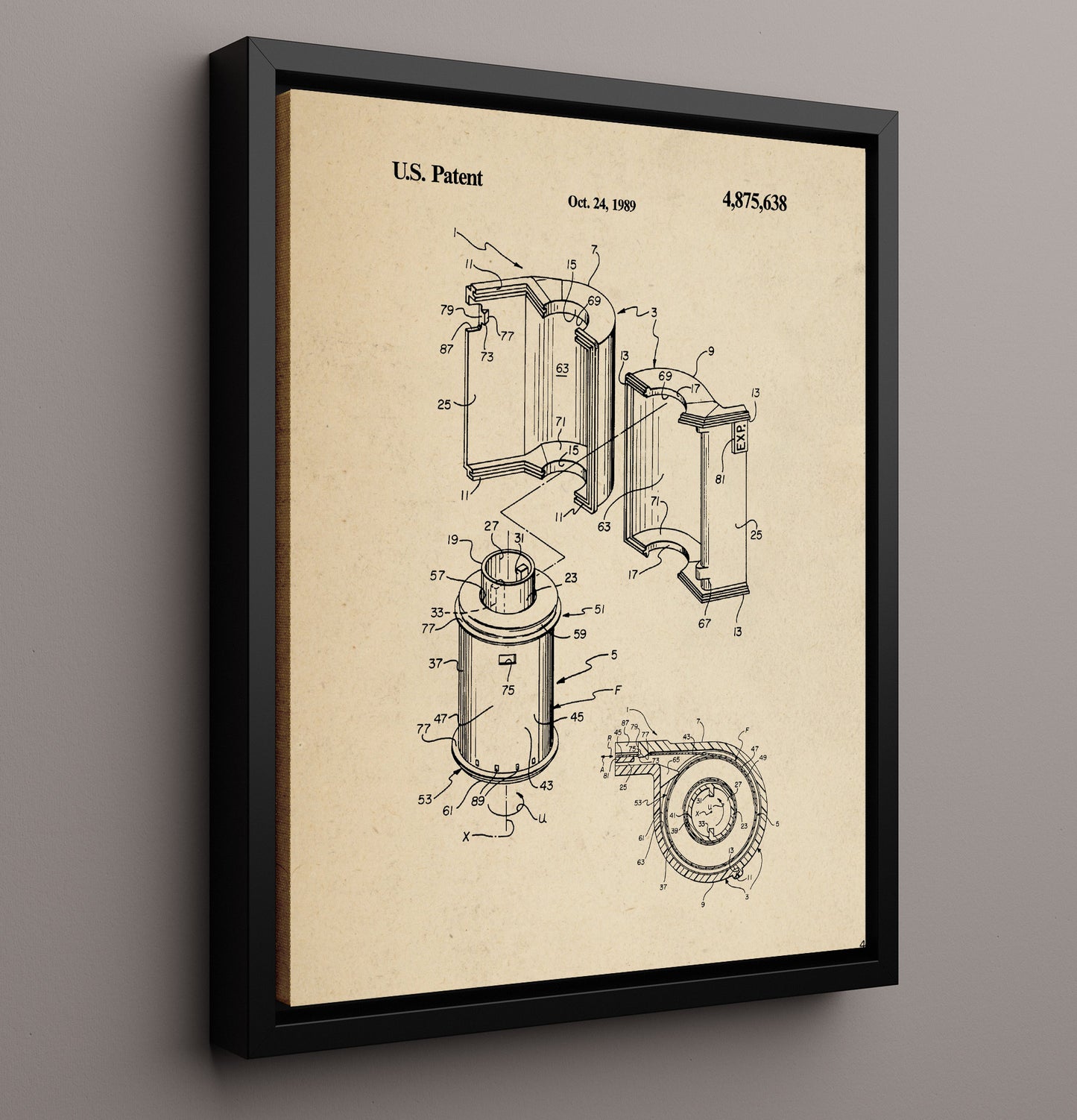 Patent Print - Film Cartridge Assembly - 1989 - Patent 4875638 Patent Wall Art